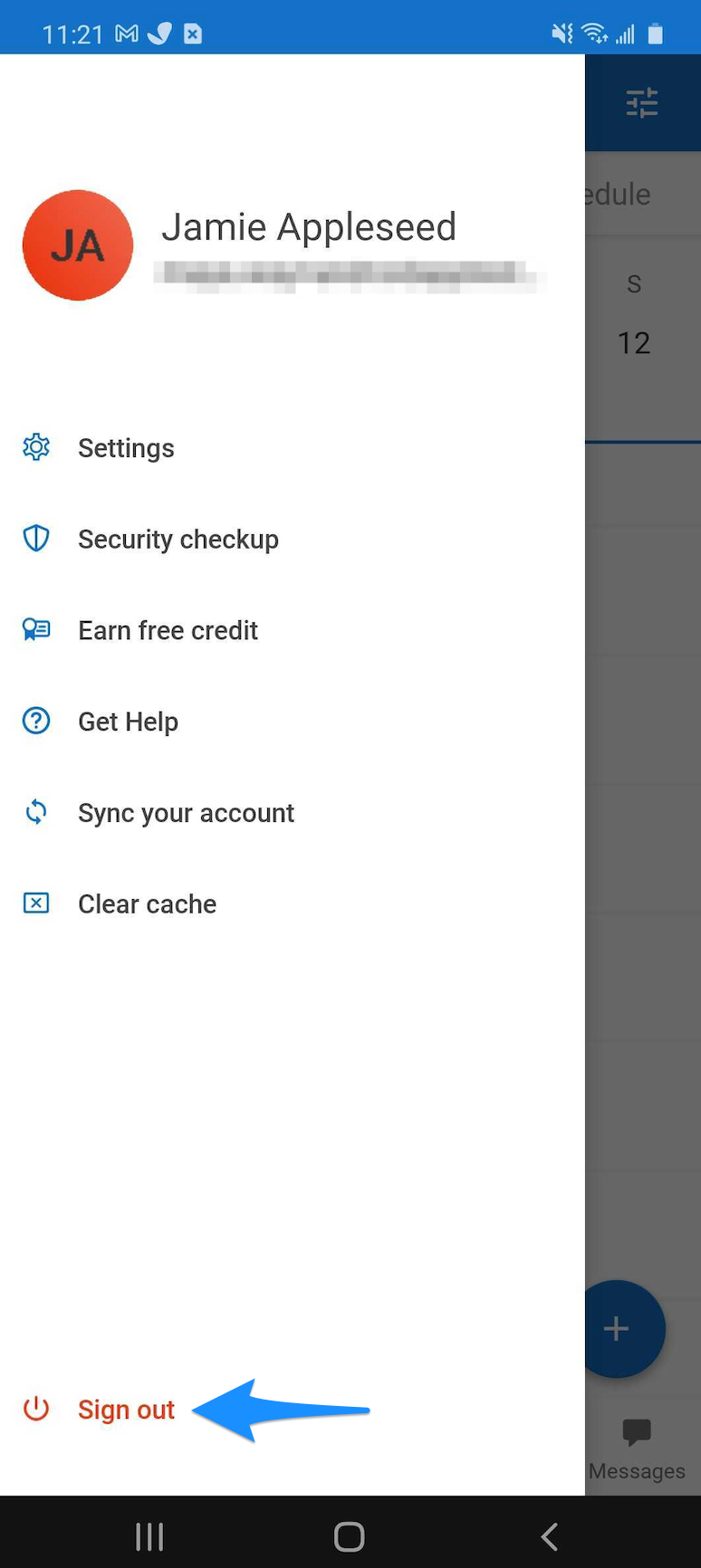 Profile menu showing the Sign out option