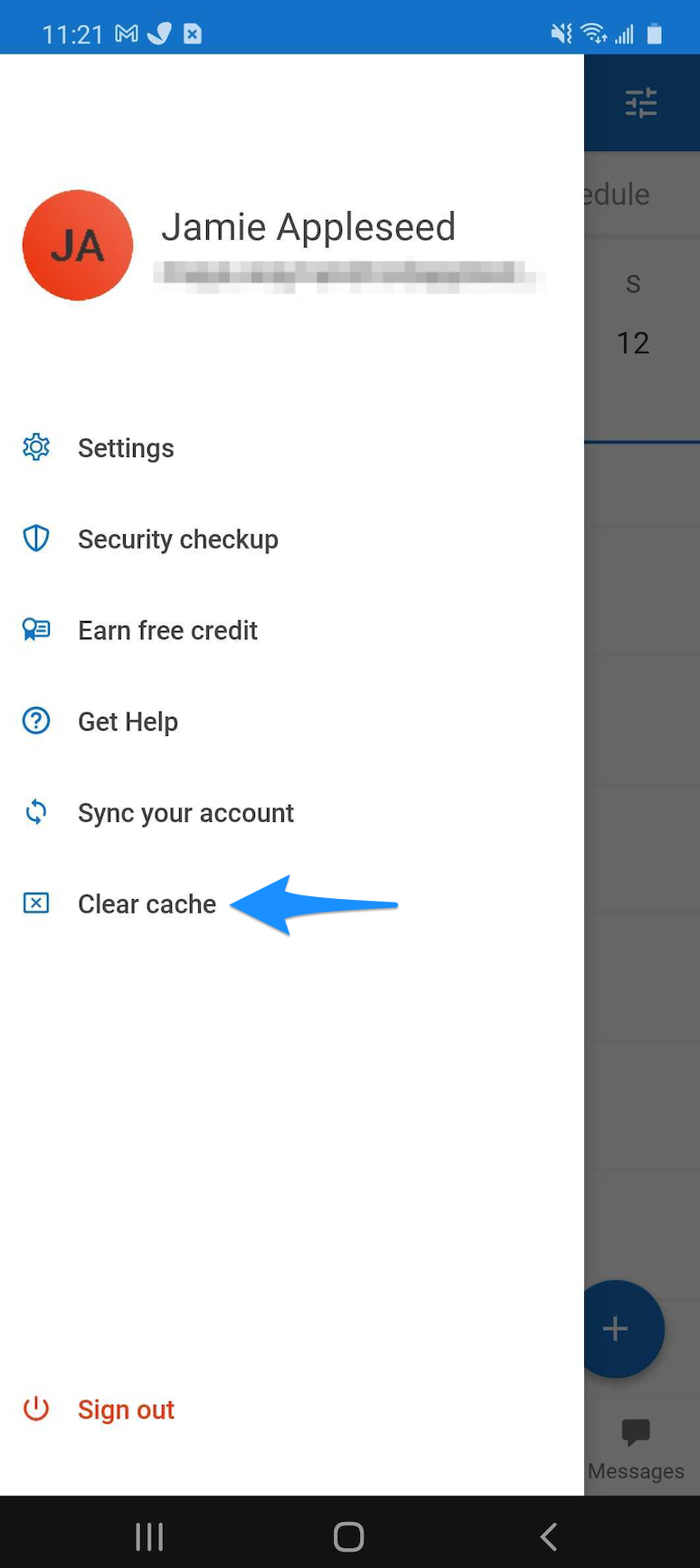 Settings screen showing the Clear cache option