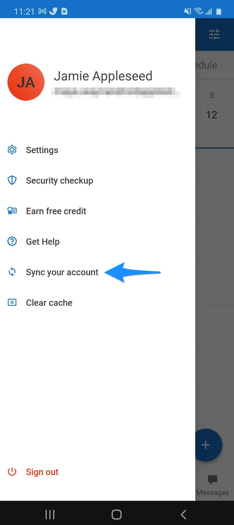 Menu screen showing the Sync your account option