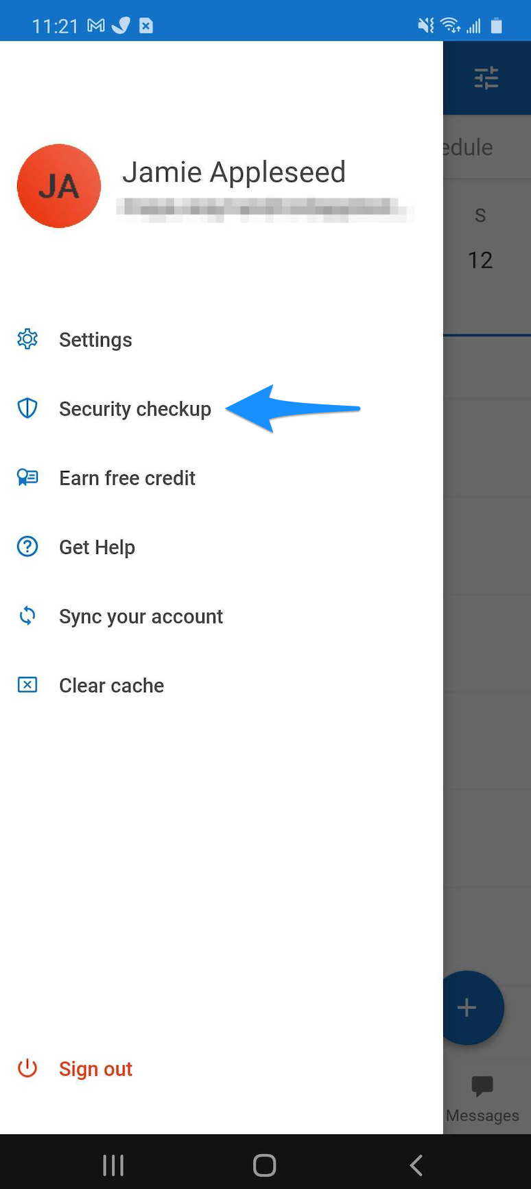 Profile menu showing the Security checkup option