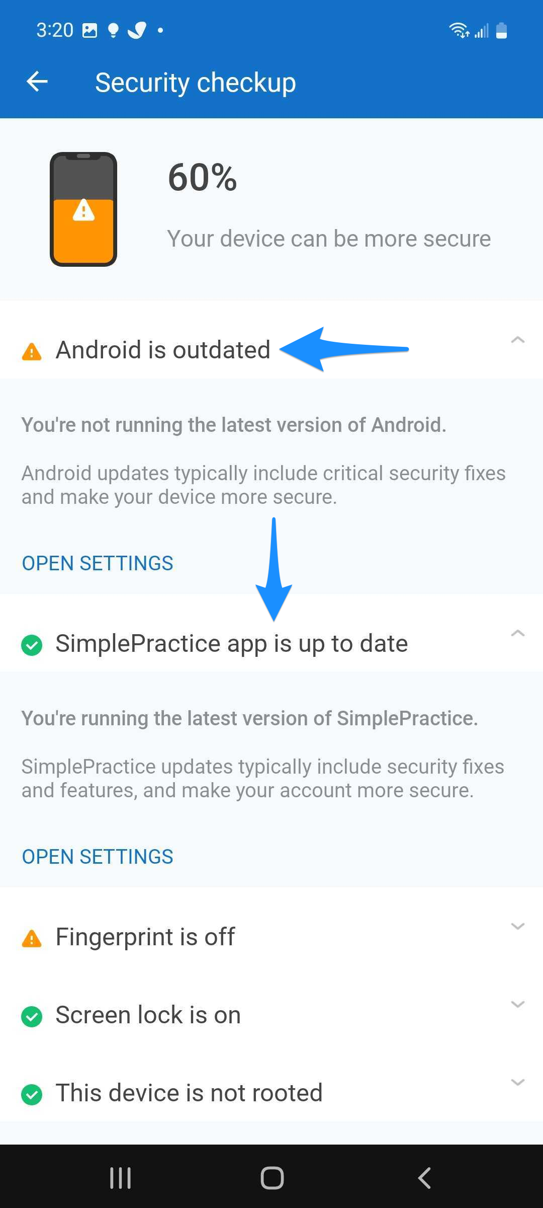 Security checkup screen showing device and app version options