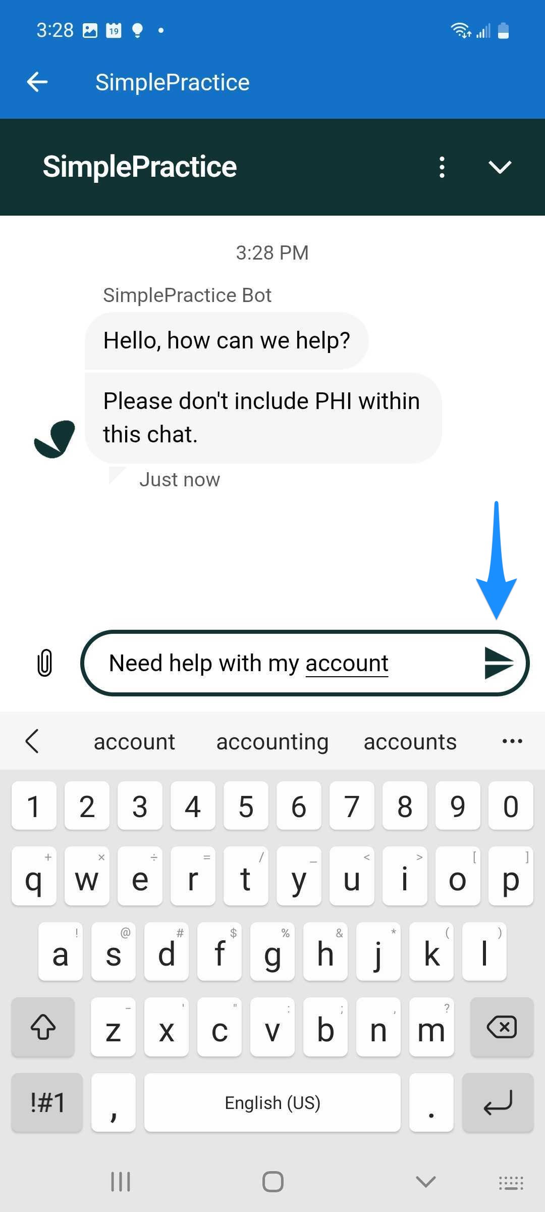Get help screen showing a message being sent
