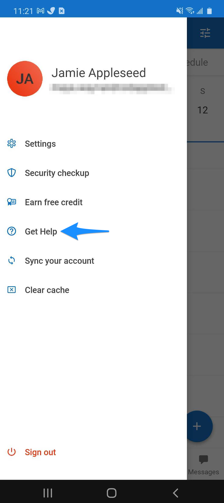 Profile menu showing the Get help option