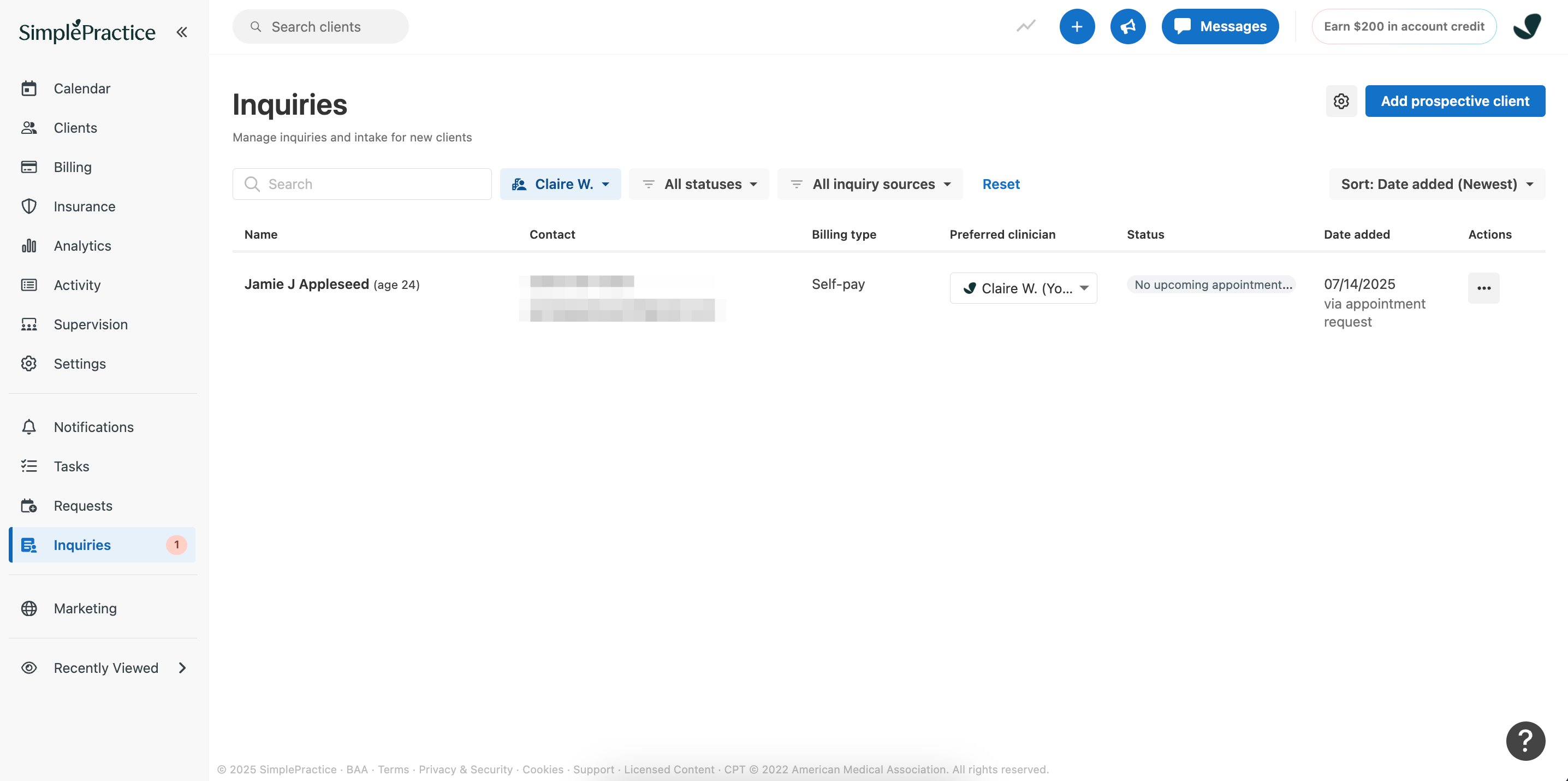 Inquiries page showing a client with Prospective status