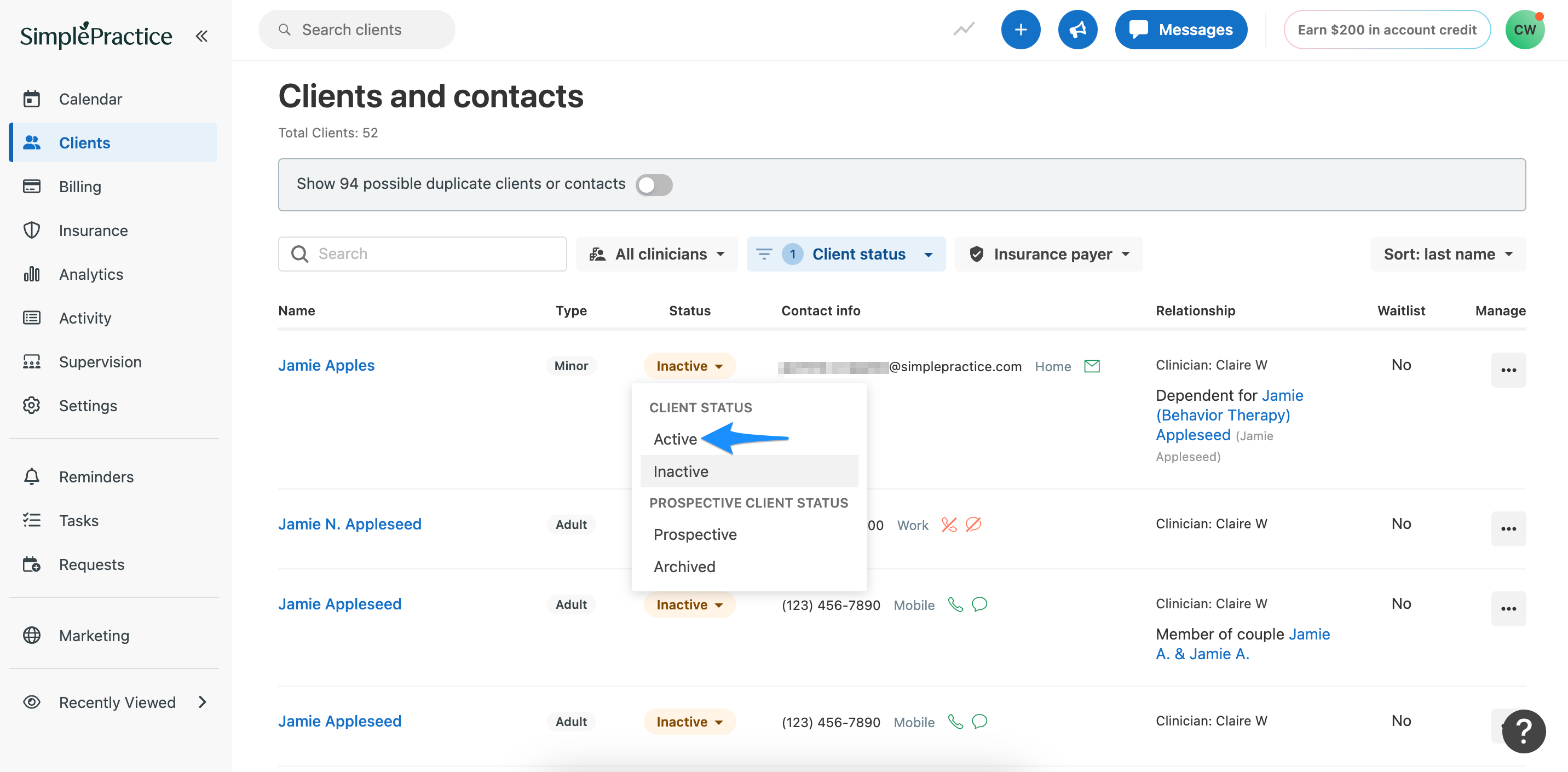Status dropdown set to Active for an inactive client