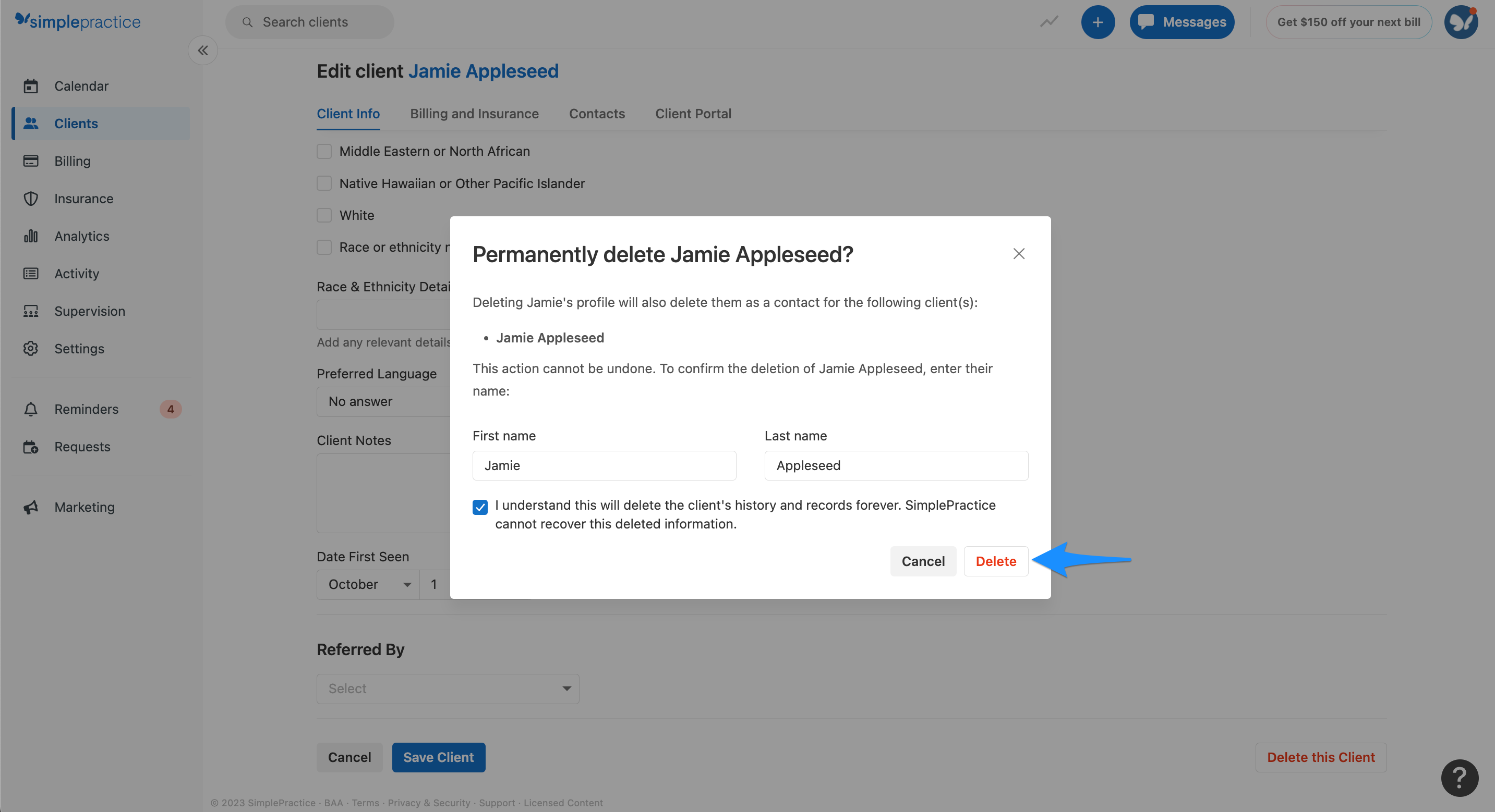 Permanently delete client confirmation window