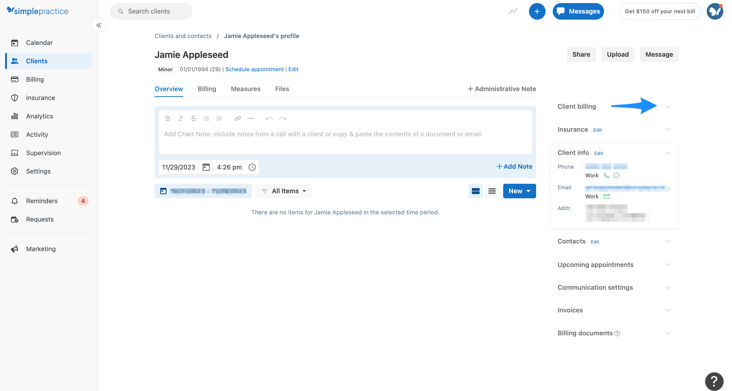 Right navigation panel on a client profile with expandable sections
