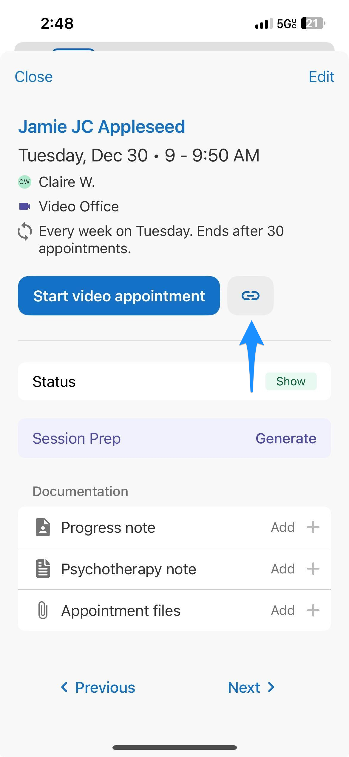 Appointment details screen showing the link icon