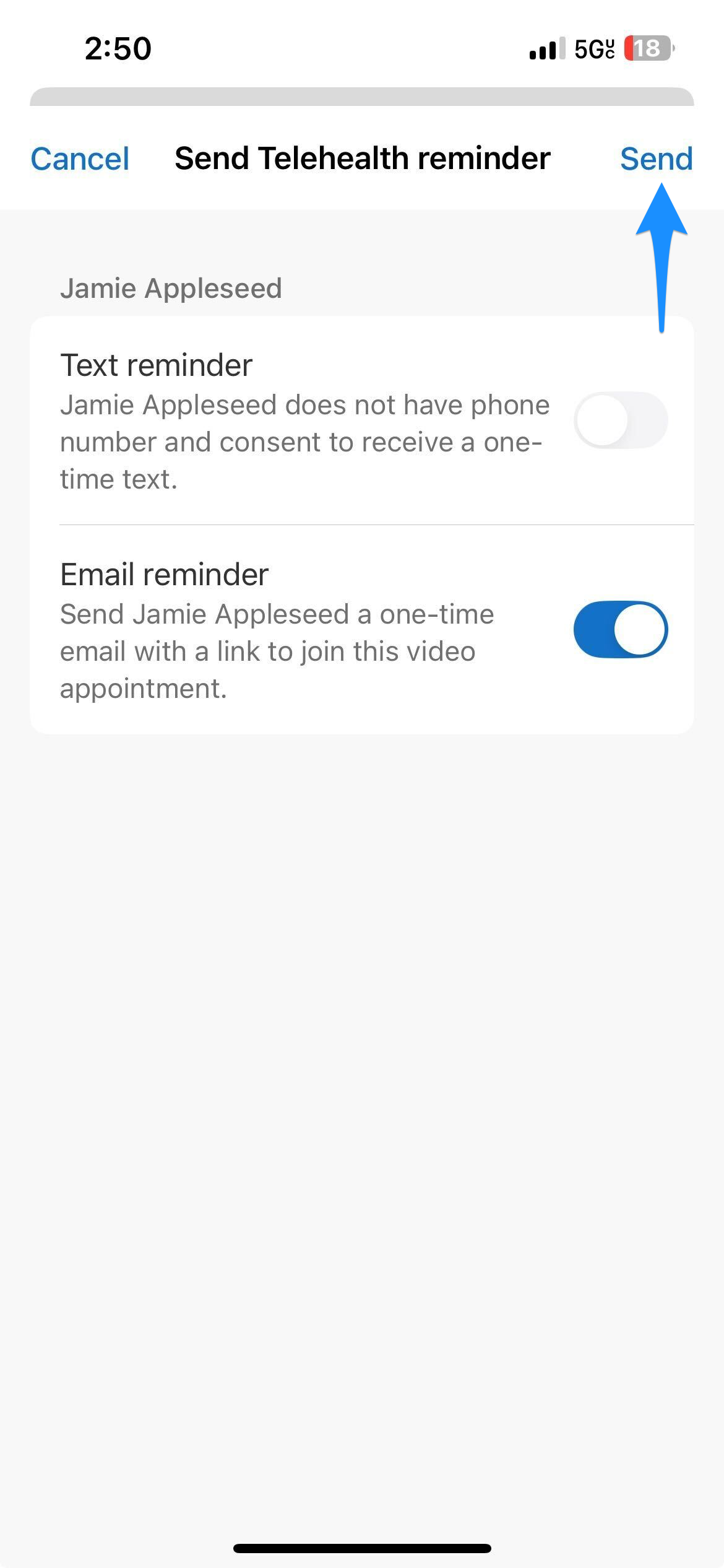 Send reminder screen showing Text reminder and Email reminder toggles and the Send button