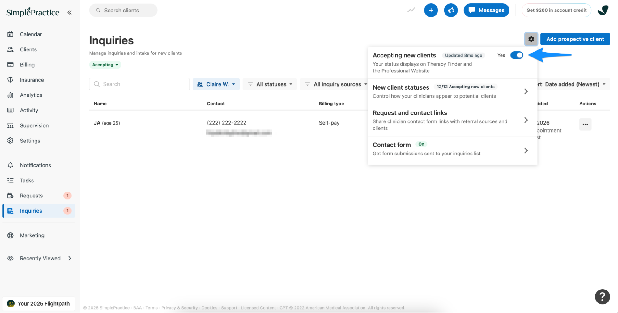 arrow pointing to the toggle next to Accepting new clients