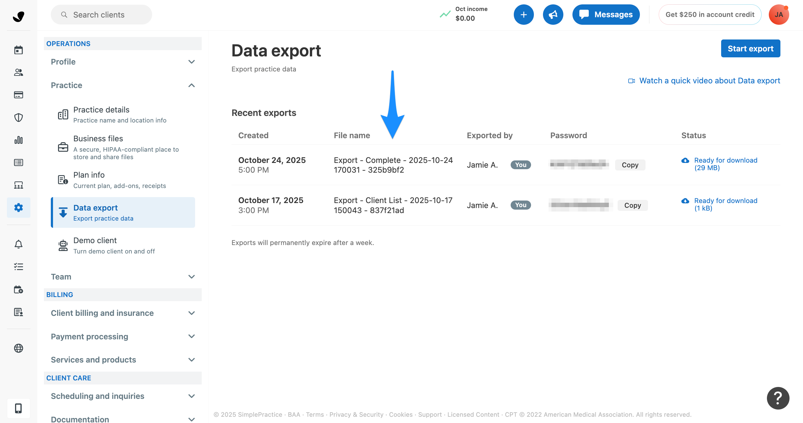 File name available on the Data Exports page, which can include "Complete" or "Client list" in the name