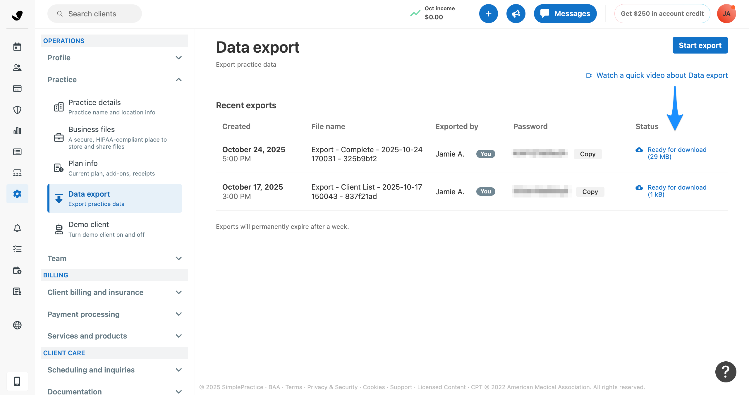 Ready for download link under Status column in the Data Export page