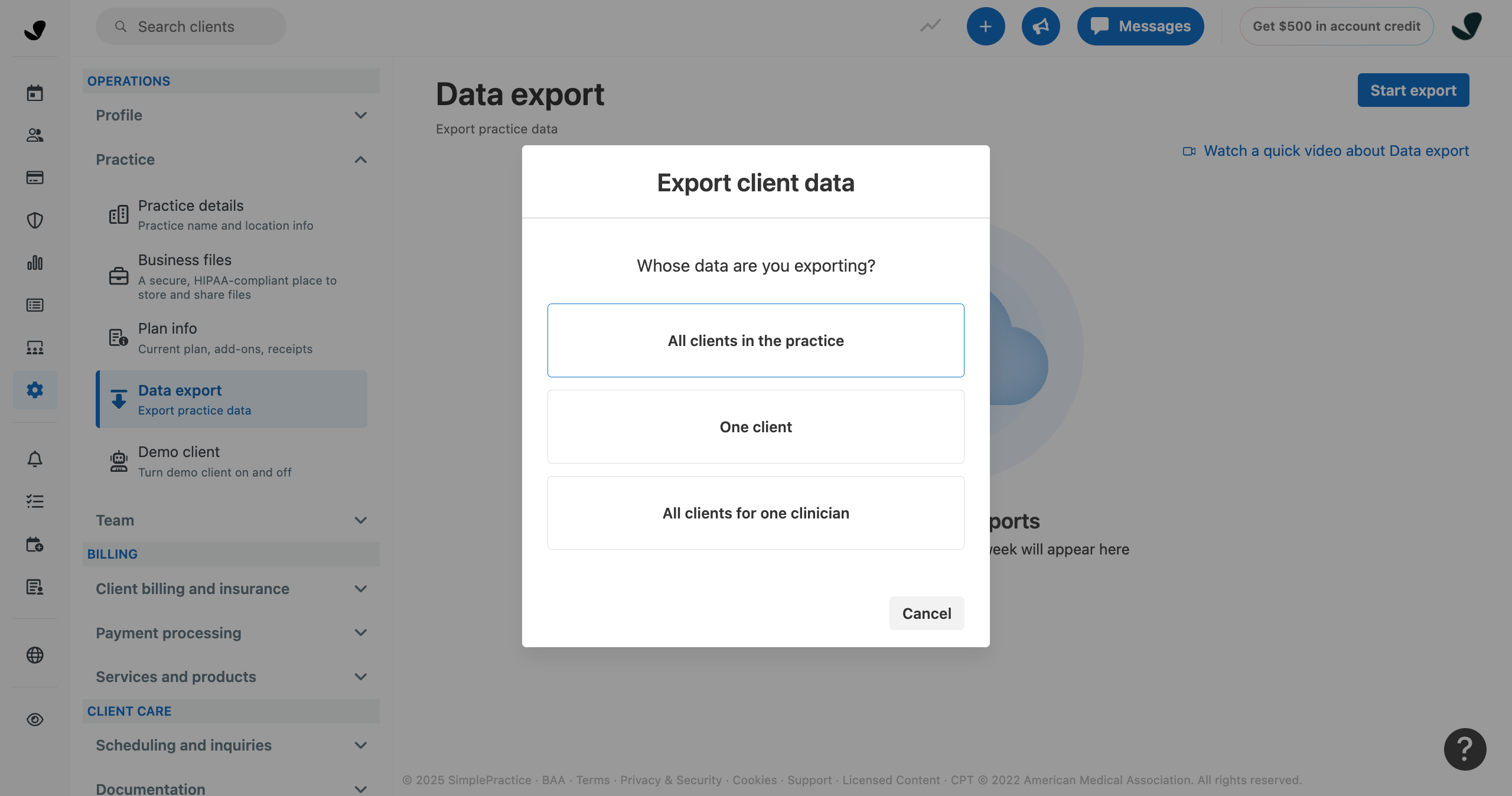 Options for exporting client data, including "All clients in the practice" and "All clients for one clinician"