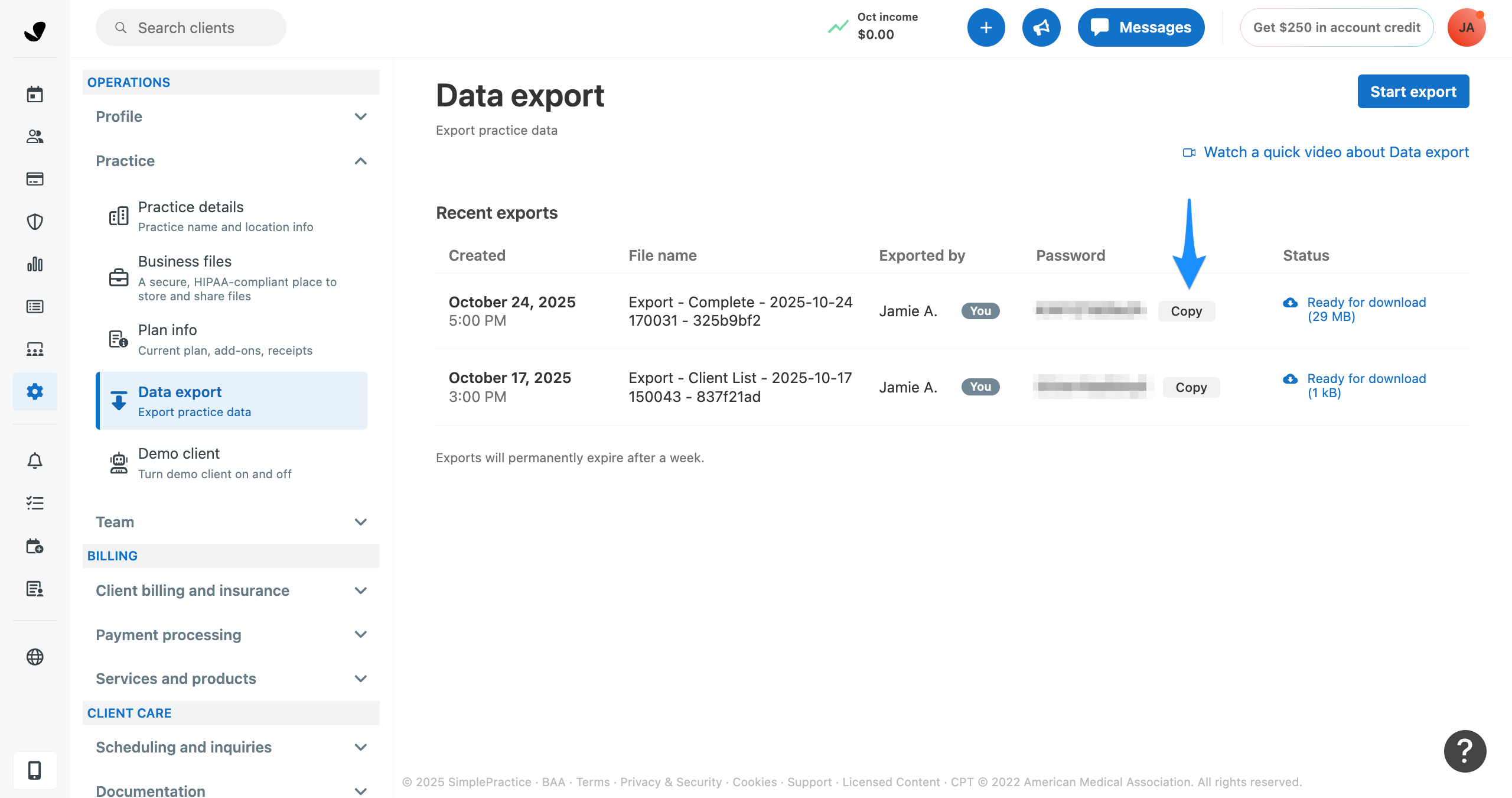 Copy button on the Data Export page
