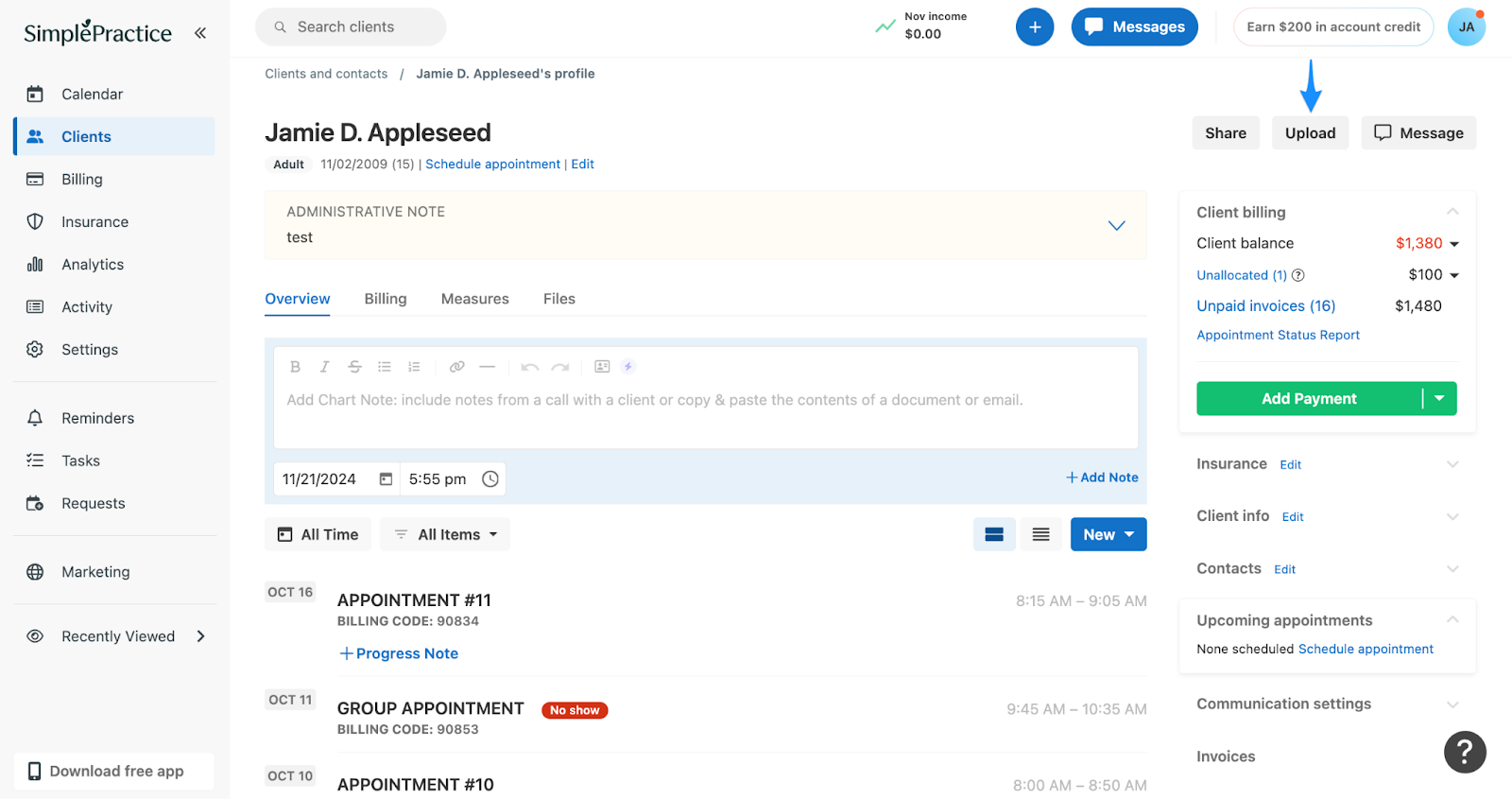 Upload button in the client profile