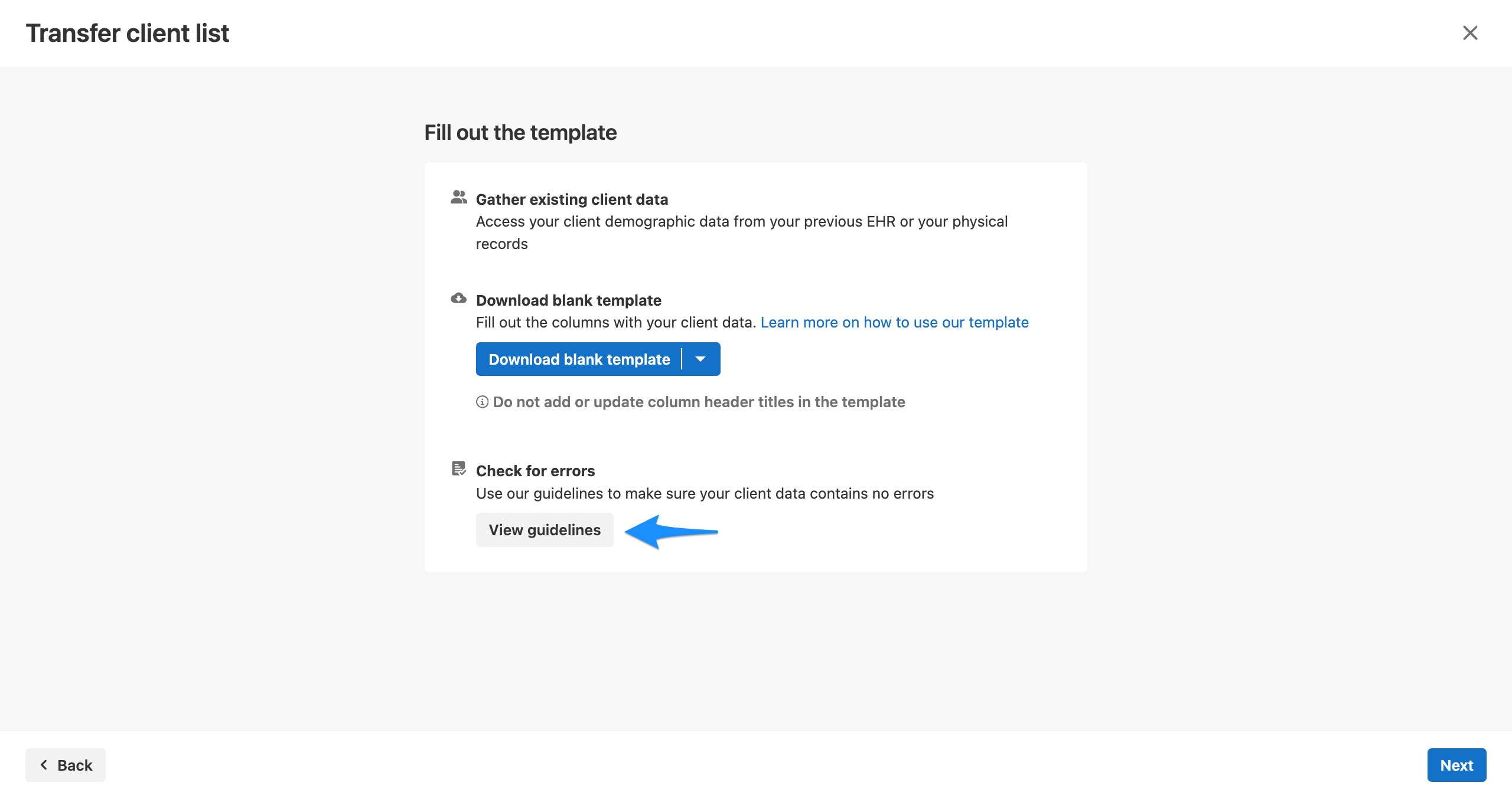 View guidelines button in Transfer client list flow