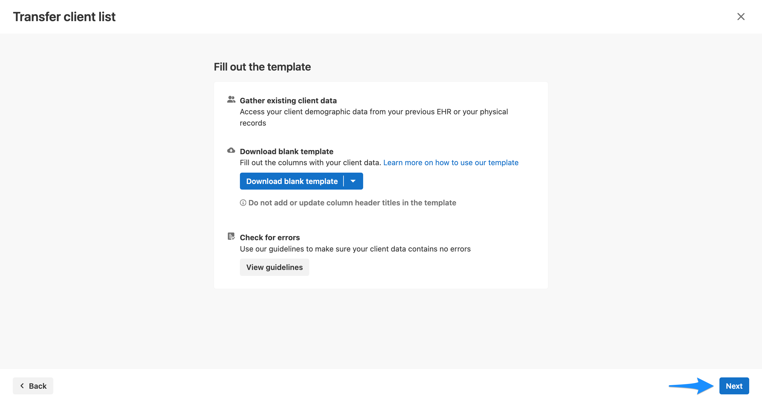 Next button in Transfer client list flow