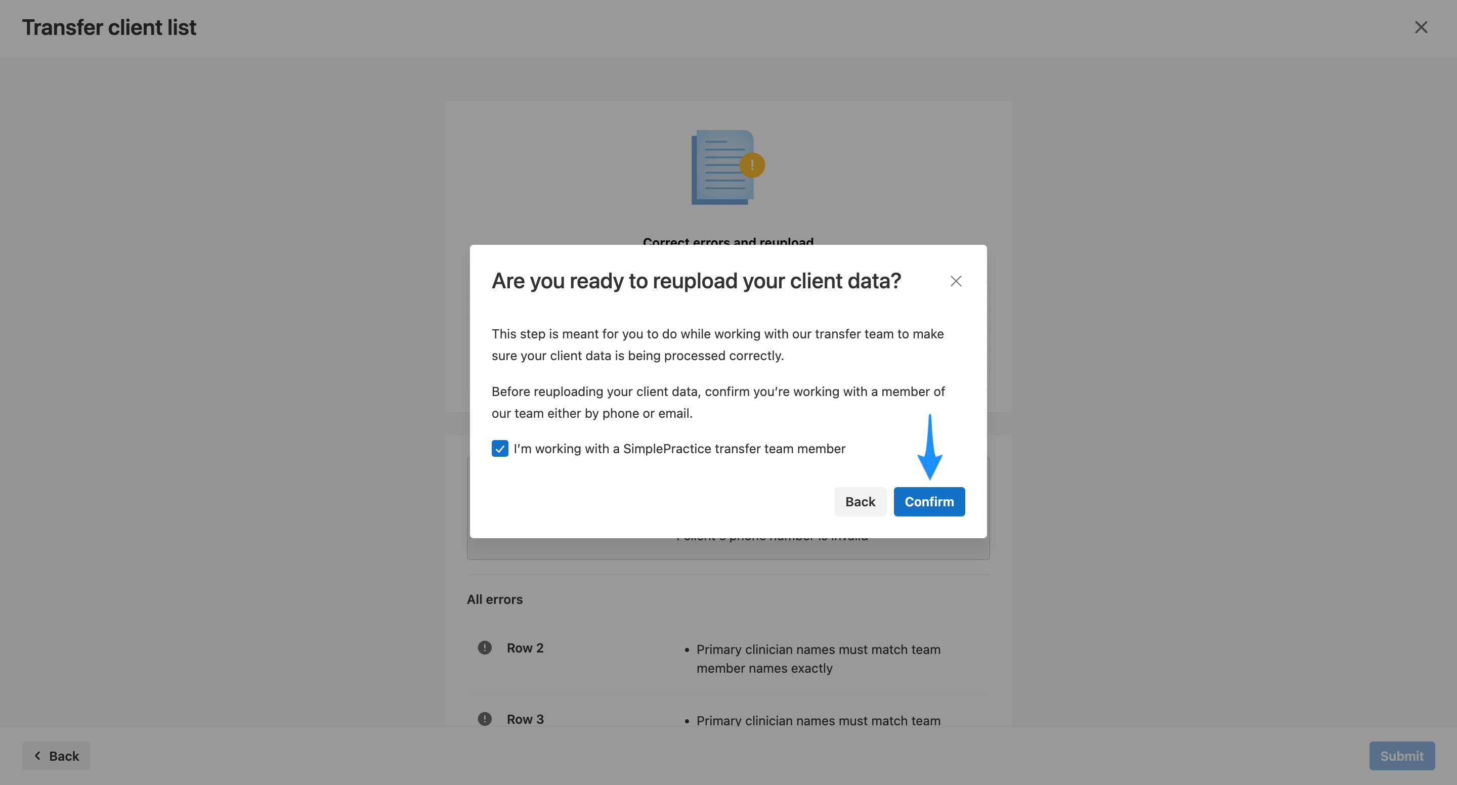 Confirm button in "Are you ready to reupload your client data" popup