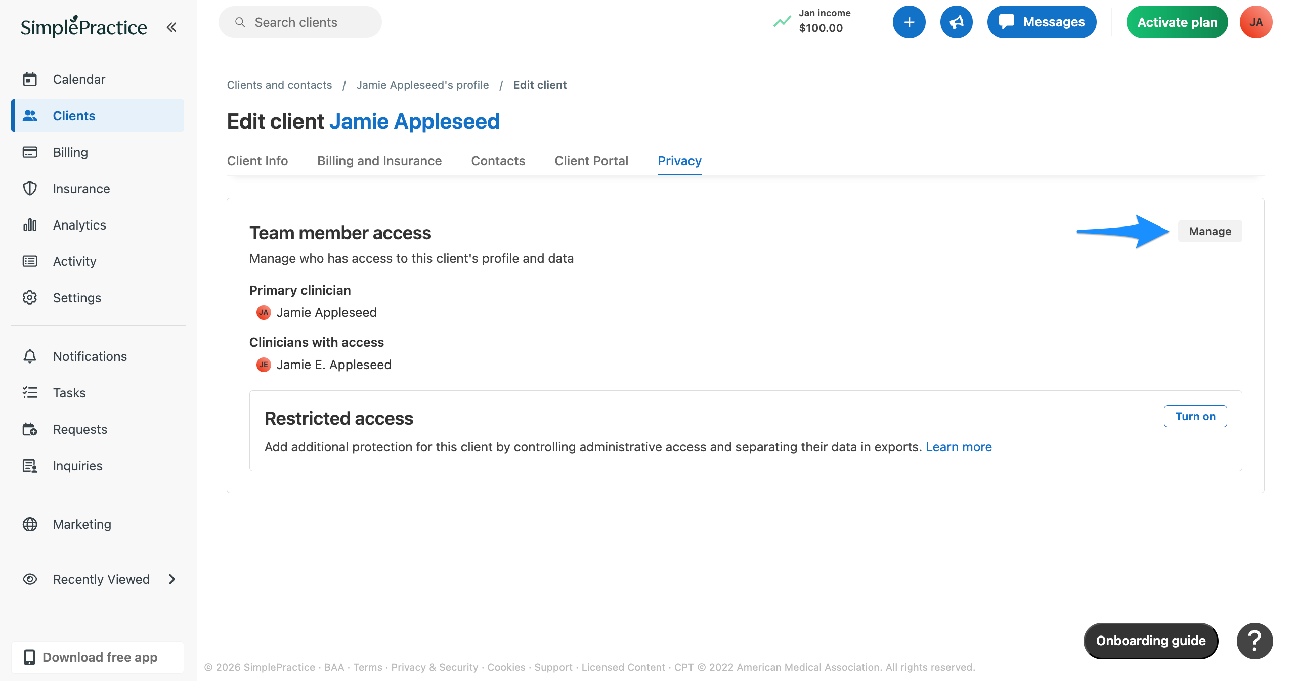 Client Privacy tab showing the Manage button for clinical access in the client profile