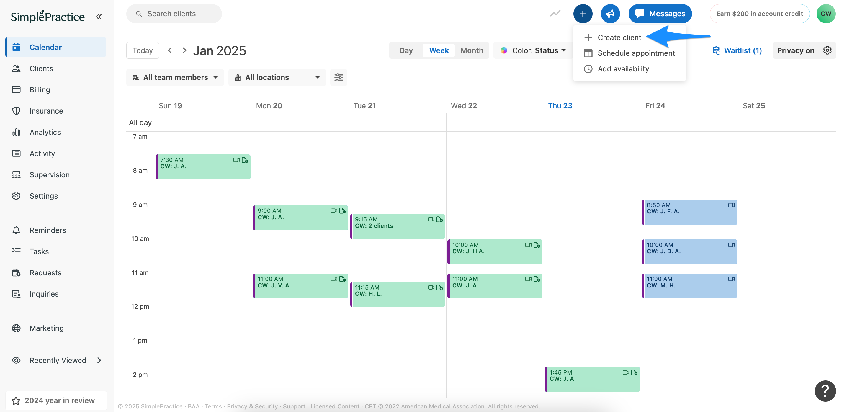 Top navigation bar with the plus icon expanded and the Create client option visible