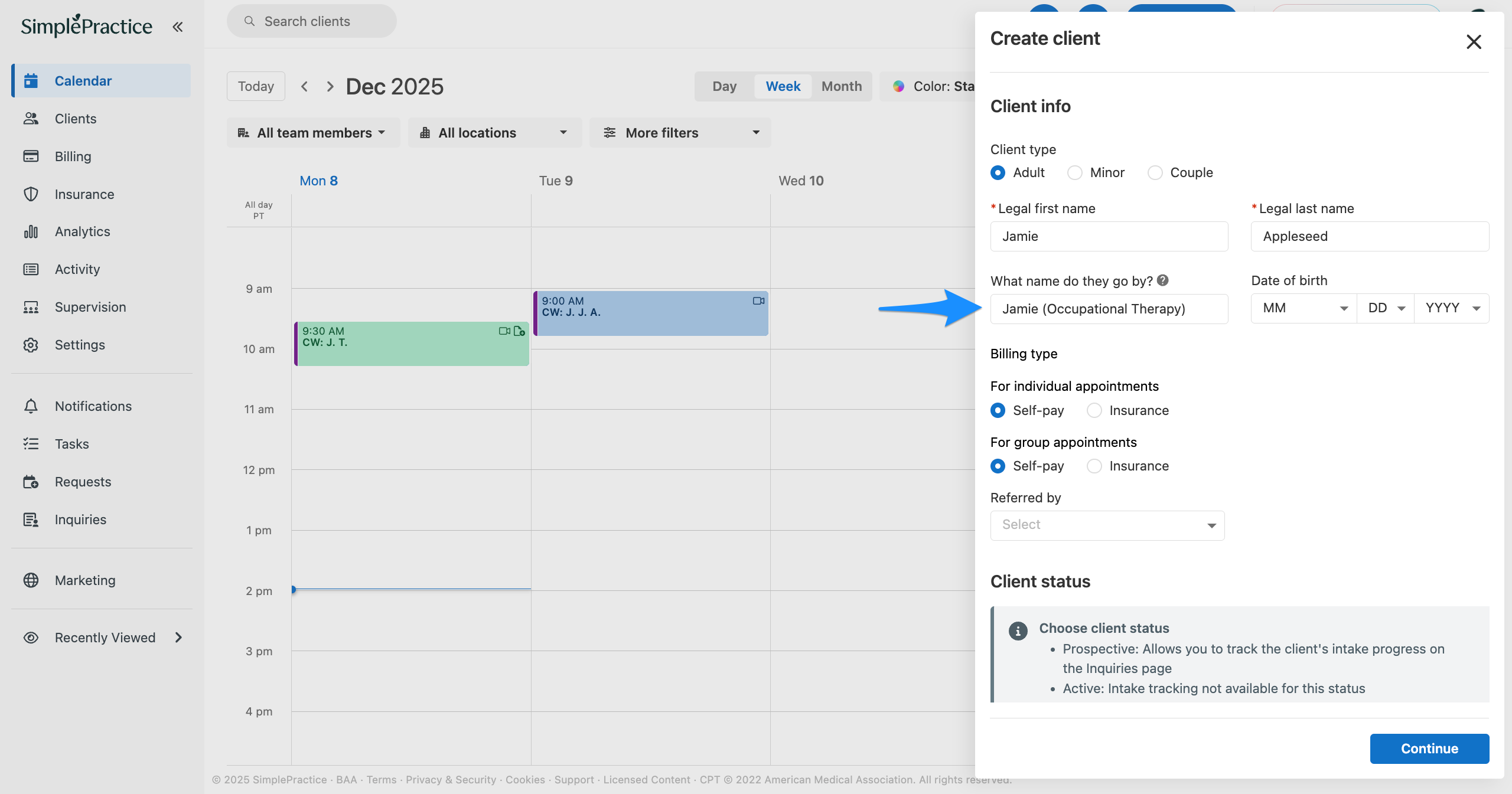 Create client form showing the What name do they go by? field with a name followed by text in parentheses