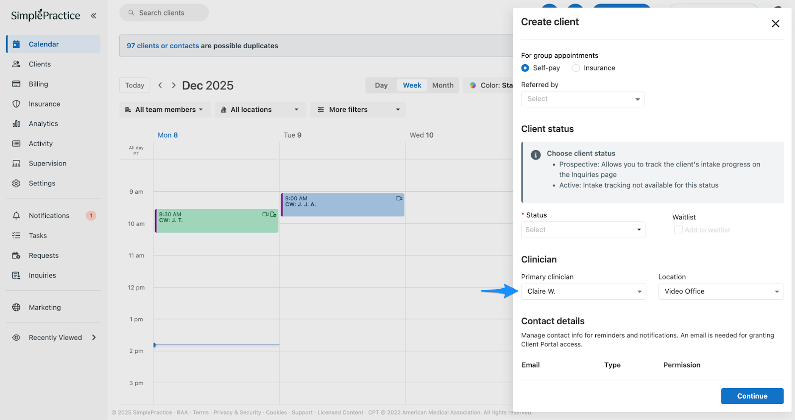 Create client form showing the Primary clinician dropdown with a clinician selected