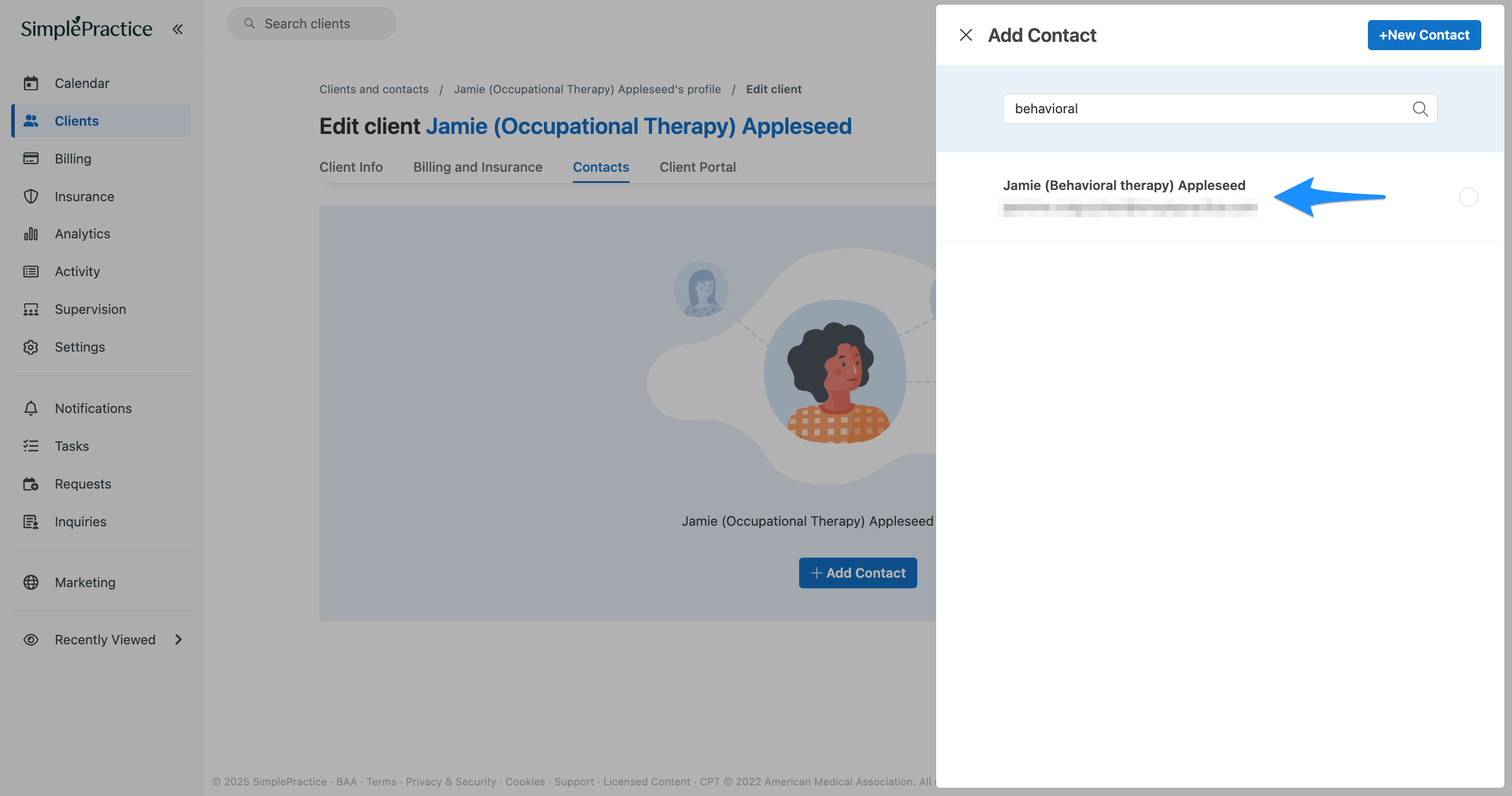 Add Contact search results showing a client name selected from the list