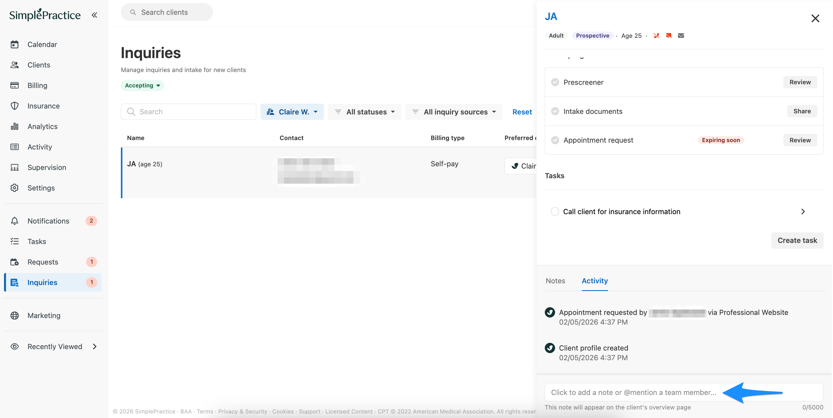 Managing prospective clients on the Inquiries page – SimplePractice Support