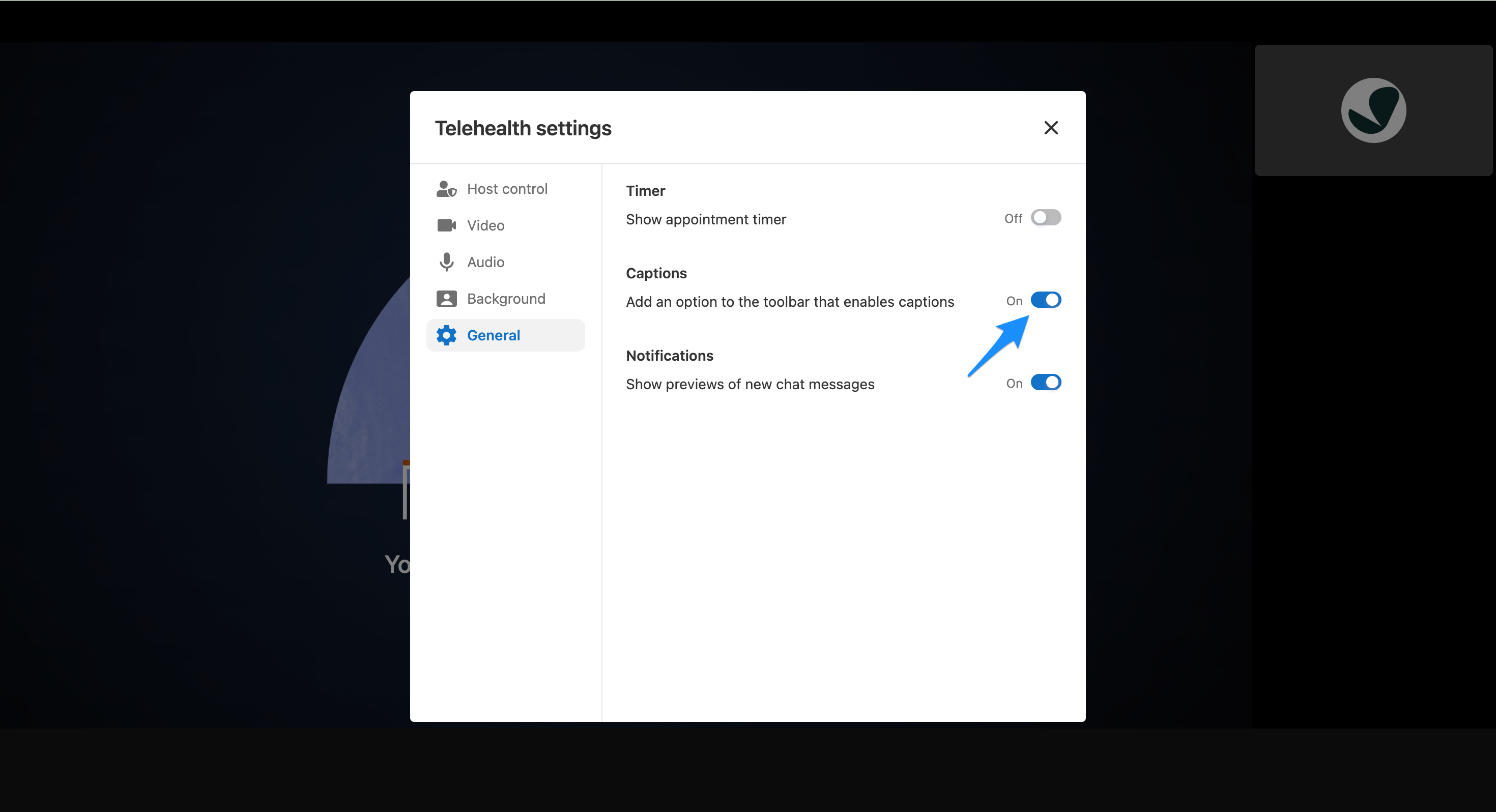 Arrow pointing to the On toggle for Captions