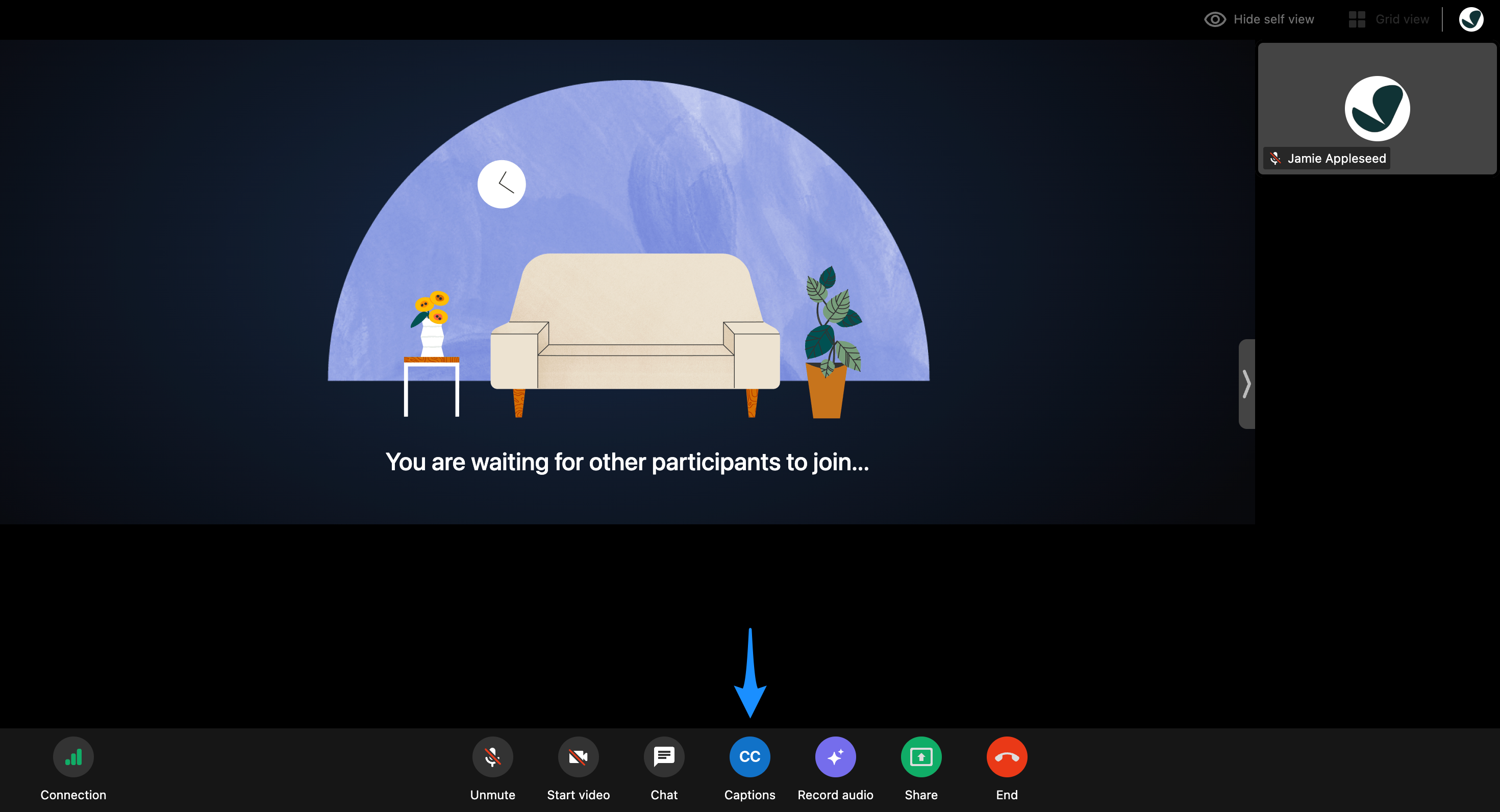 Arrow pointing to the CC icon for enabling Captions