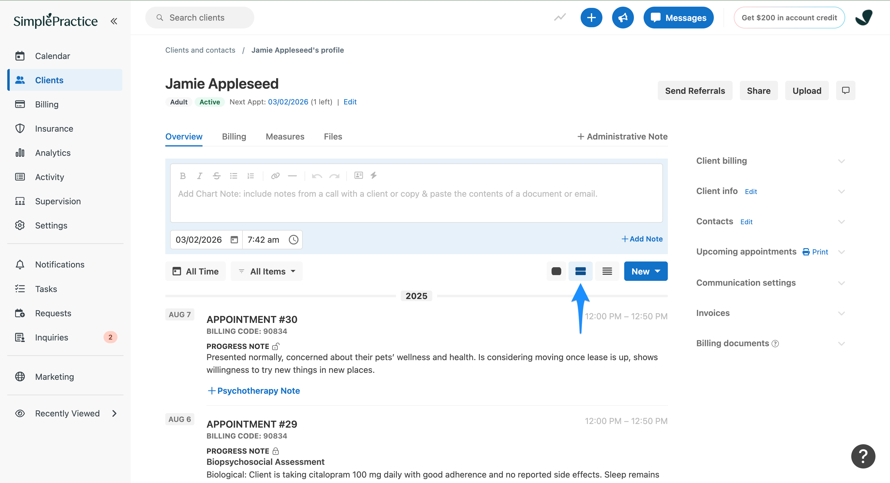 Arrow pointing to the 2-row icon to enable Excerpt View.