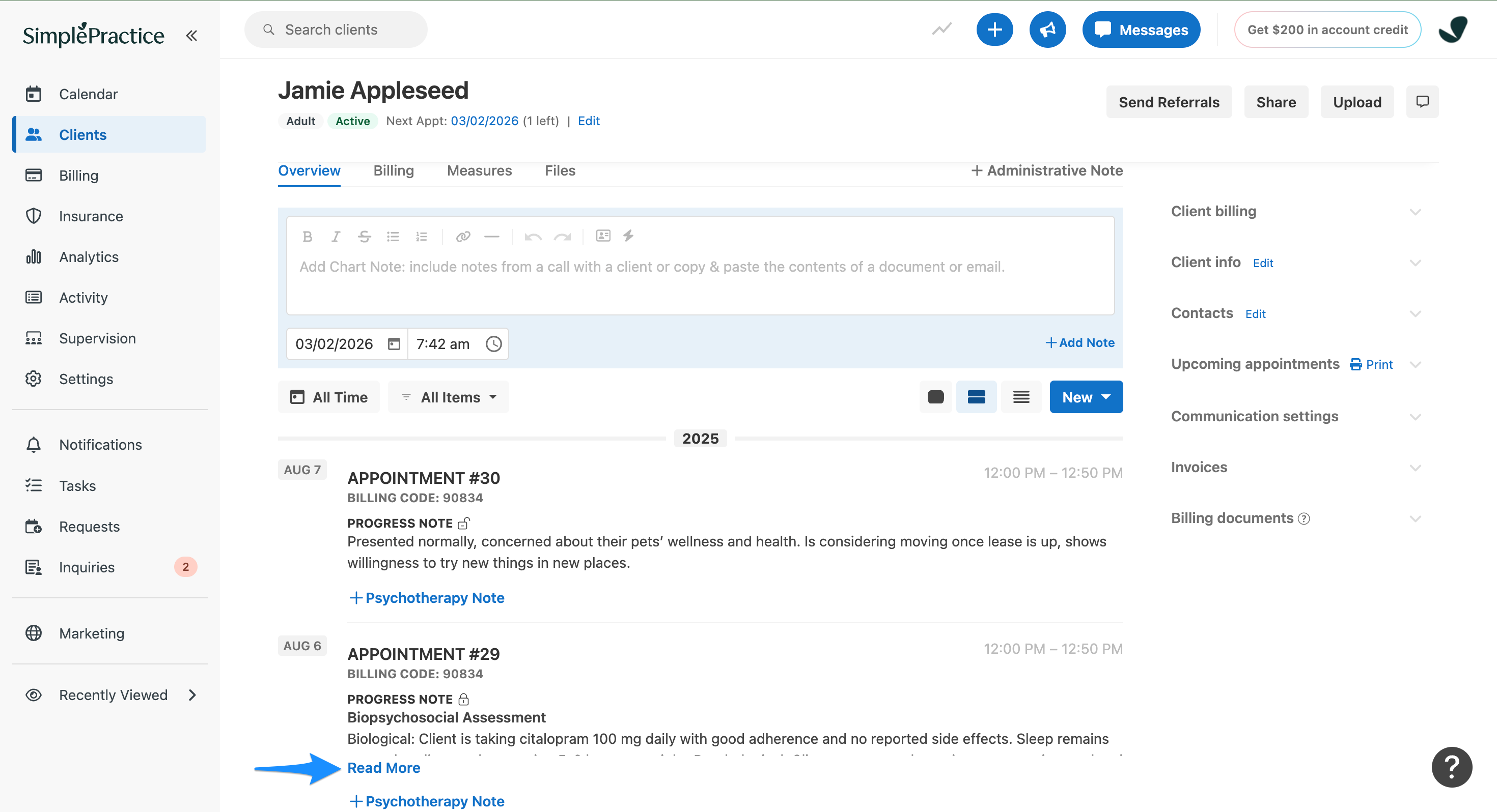 Arrow pointing to the Read More button to expand the content of appointment notes in Excerpt View.