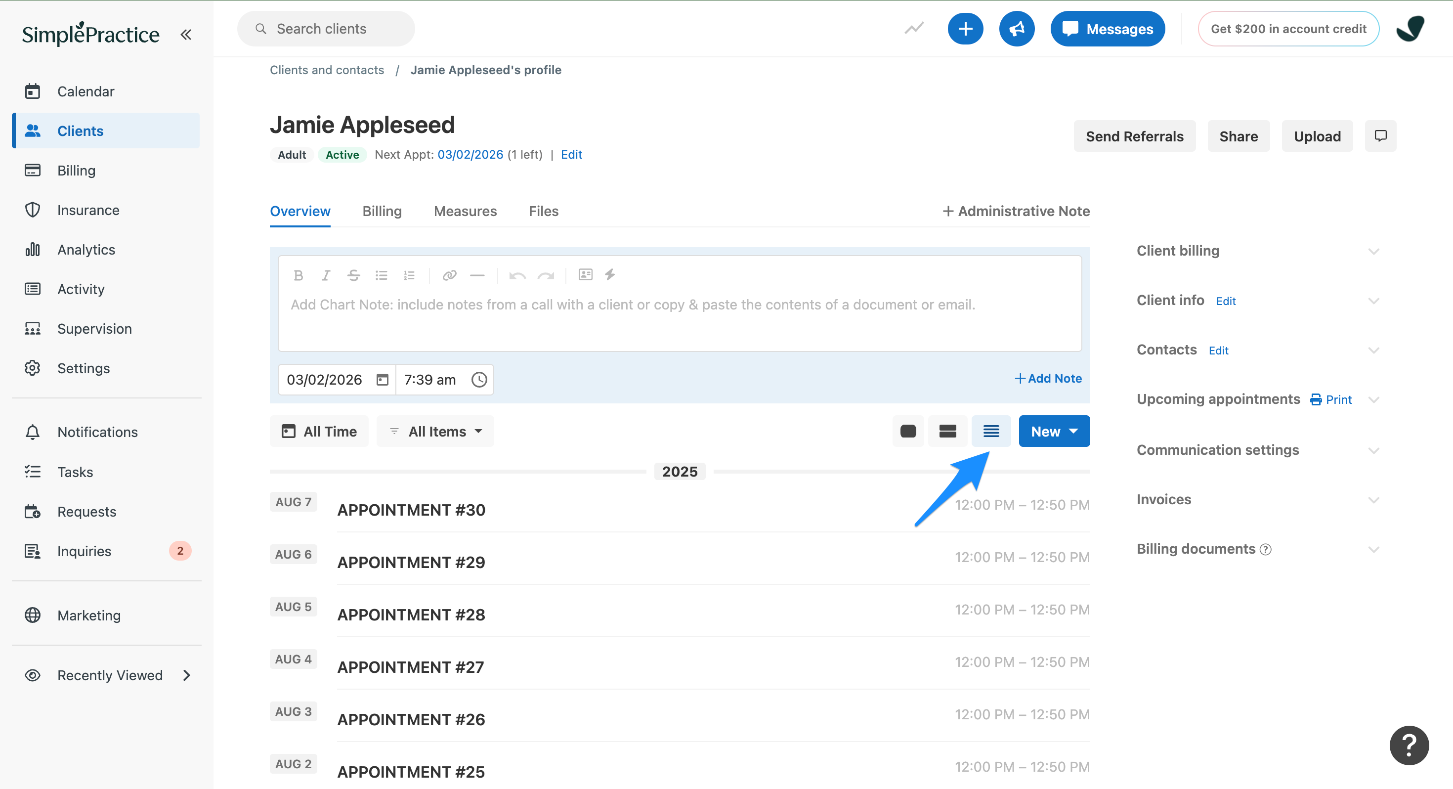 Arrow pointing to the 4-row icon to enable List View.