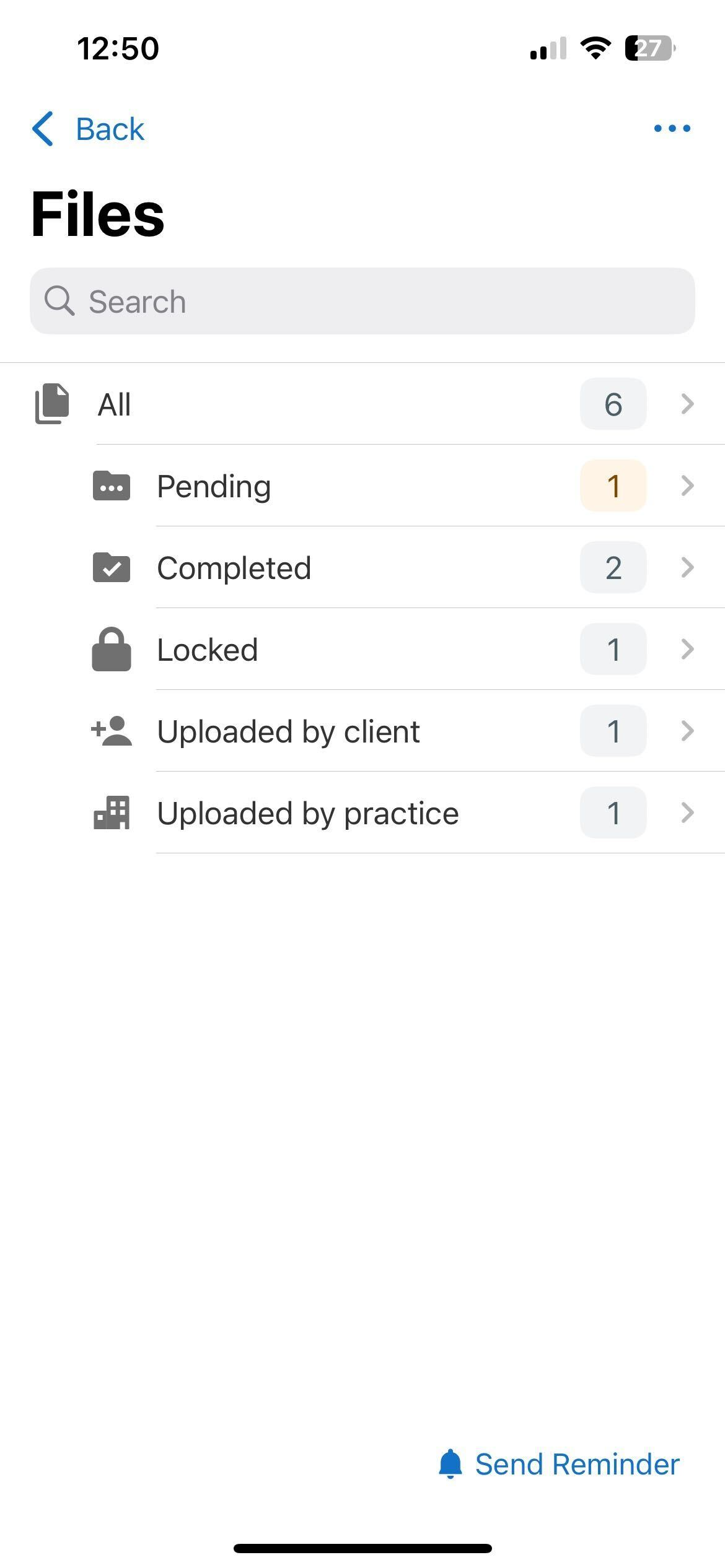 Files screen listing categories for all, pending, completed, locked, client uploads, and practice uploads.