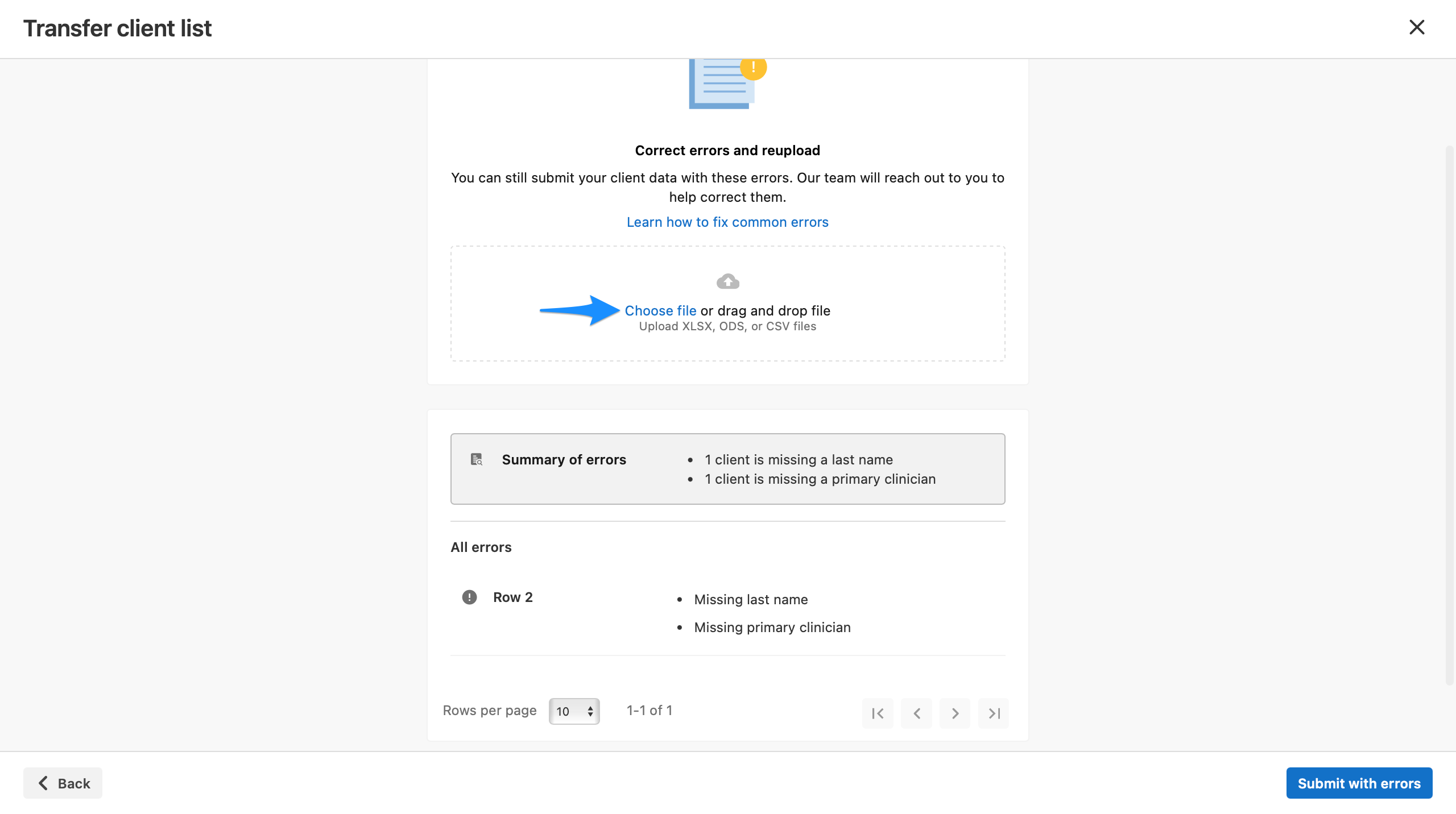 Transfer client list modal showing a “Correct errors and reupload” message with a blue arrow pointing to the “Choose file or drag and drop file” upload area for XLSX, ODS, or CSV files.