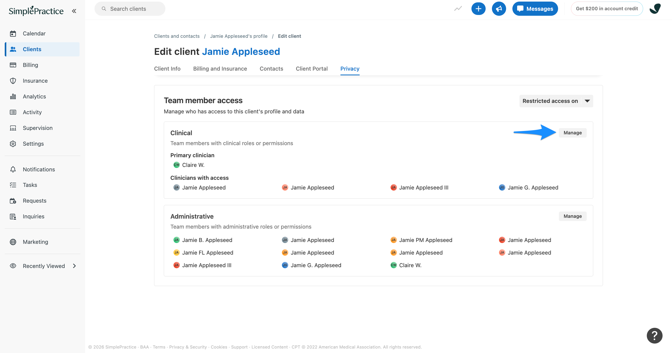 Edit client Privacy tab showing Team member access sections with a blue arrow pointing to the Manage button in the Clinical section.