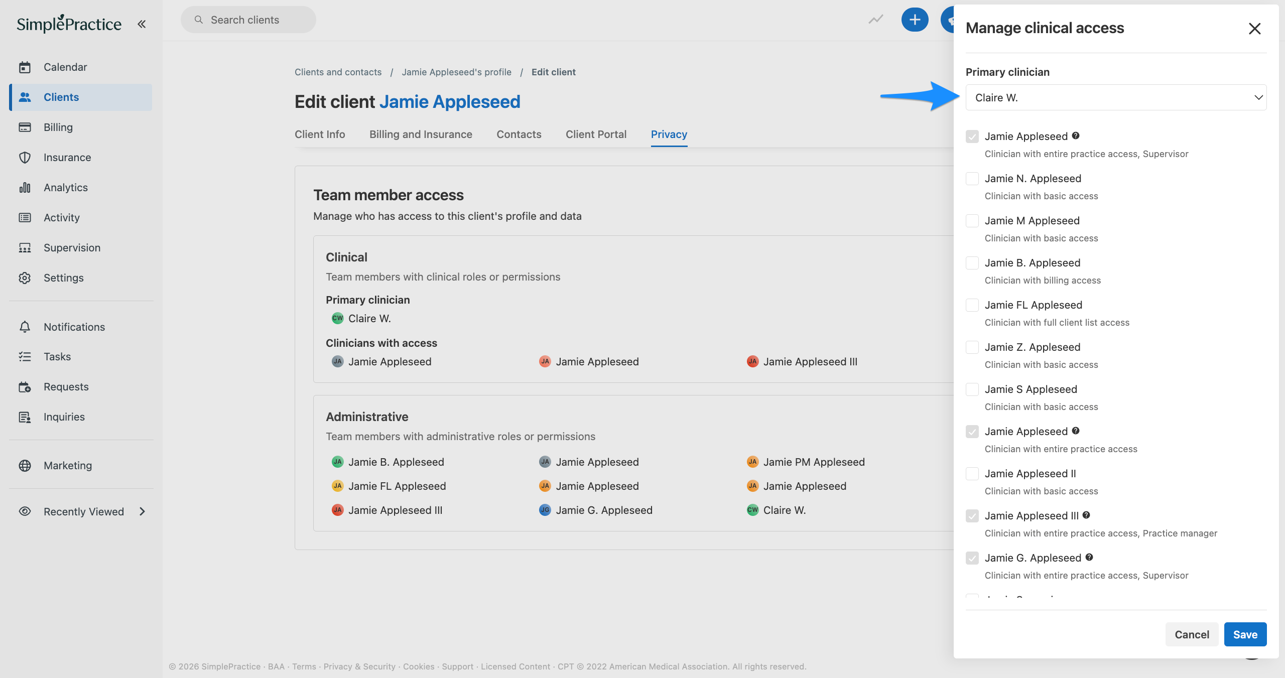 Edit client Privacy tab with the Manage clinical access panel open and a blue arrow pointing to the Primary clinician dropdown