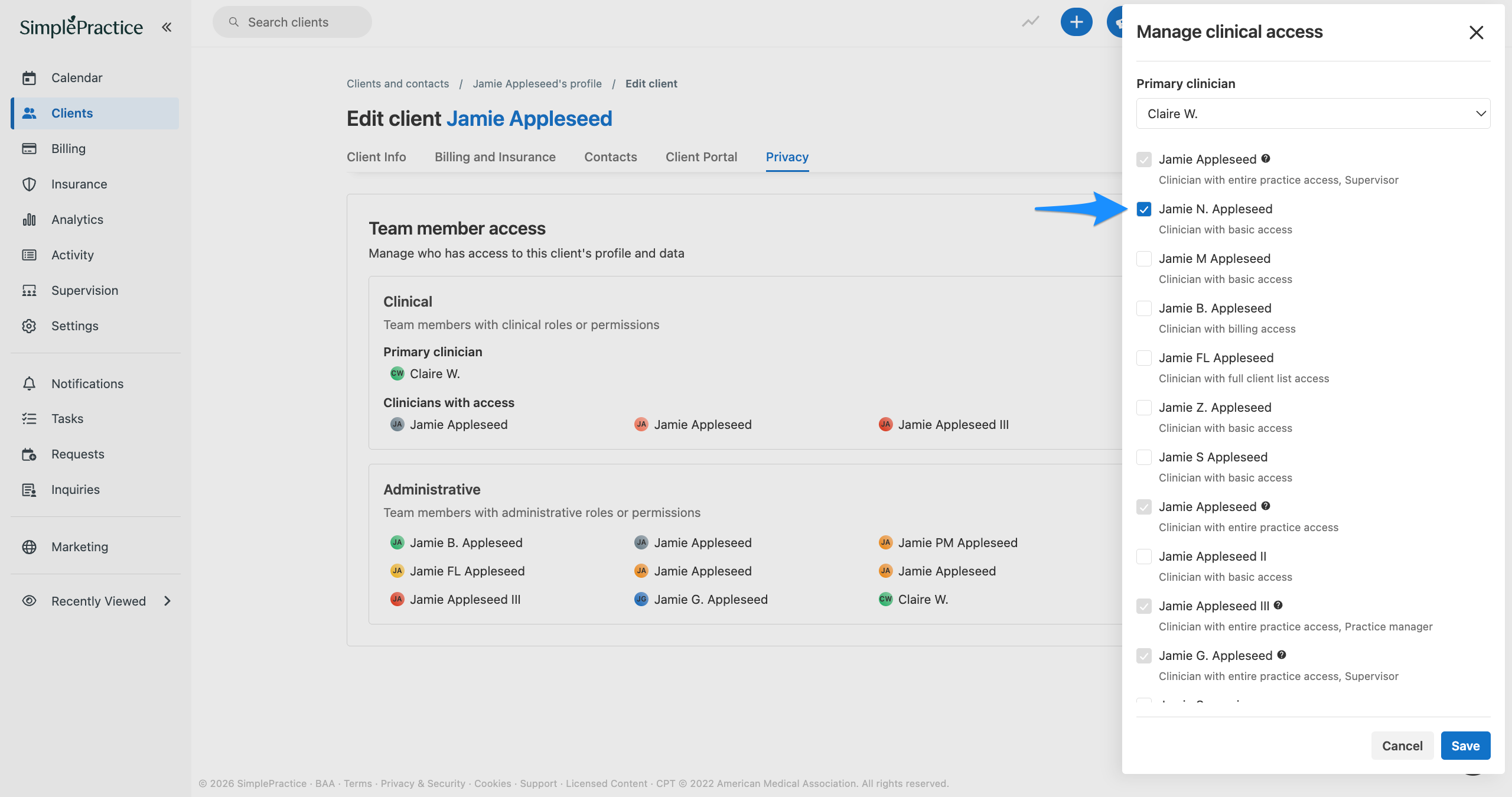 Edit client Privacy tab with the Manage clinical access panel open and a blue arrow pointing to the checkbox for a clinician to grant clinician access.