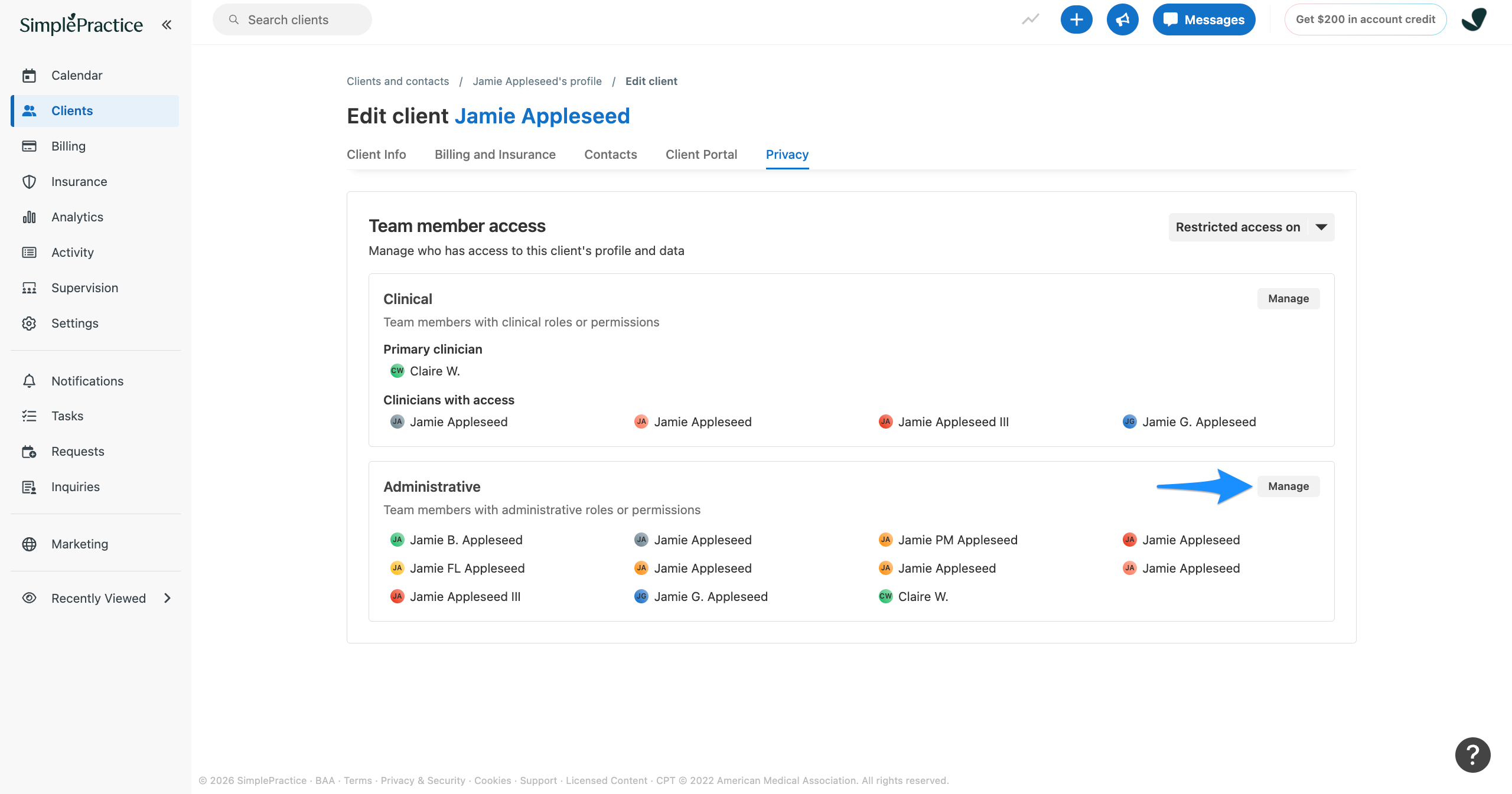 Edit client Privacy tab showing Team member access sections with a blue arrow pointing to the Manage button in the Administrative section.