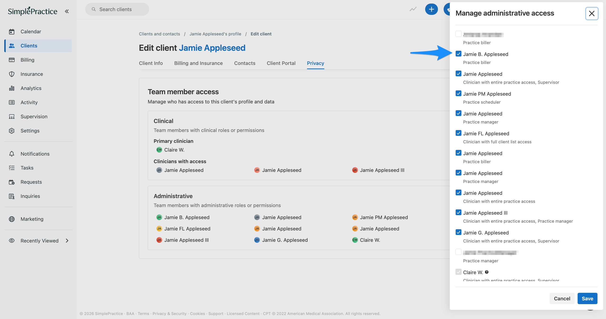 Edit client Privacy tab with the Manage administrative access panel open and a blue arrow pointing to the checkbox for a team member to grant administrative access.