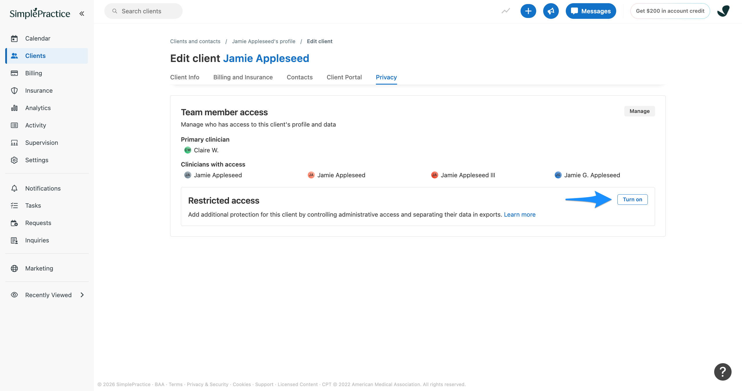 Privacy tab showing Team member access with a blue arrow pointing to the Turn on button for Restricted access.