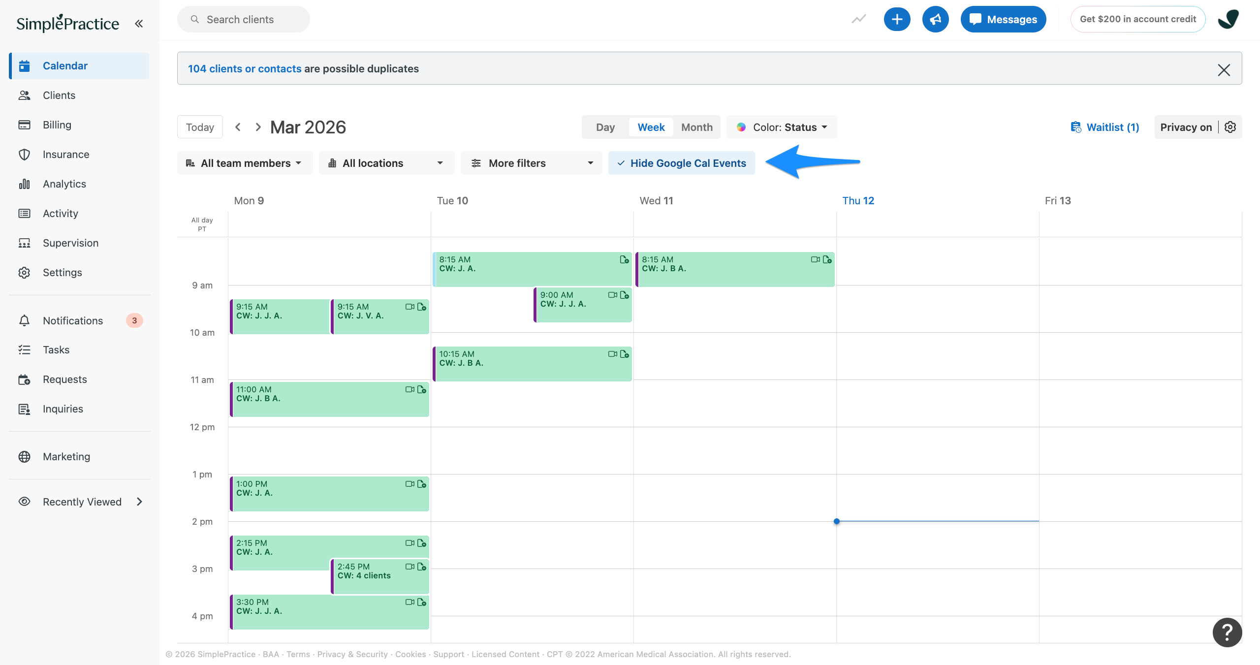 Calendar page in Week view with a blue arrow pointing to the Hide Google Cal Events filter button.