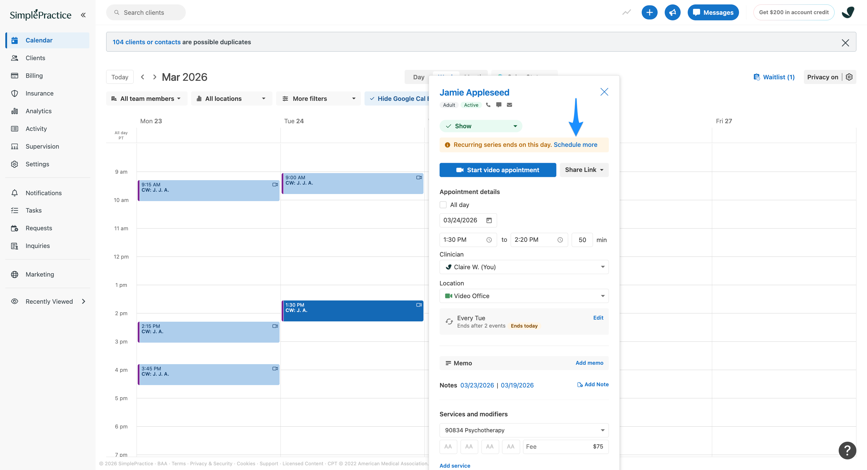 Calendar page with a flyout open for the last appointment in a series, and a blue arrow pointing to the Schedule more button.