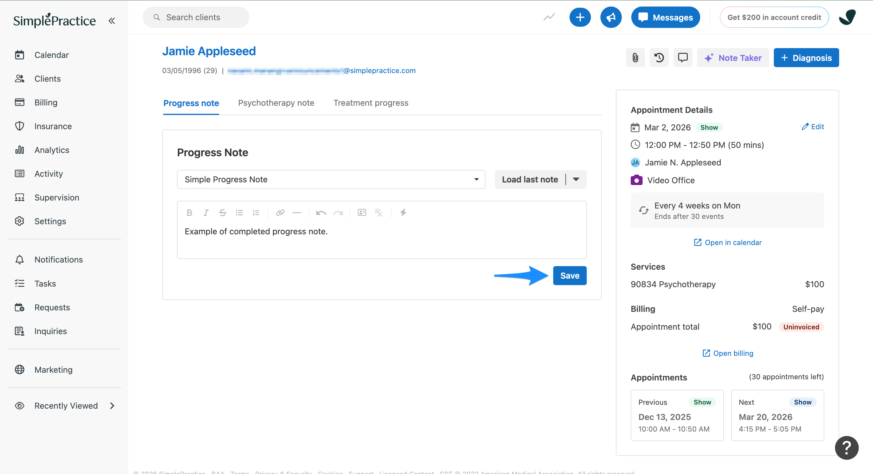 Adding progress notes for individual appointments – SimplePractice Support