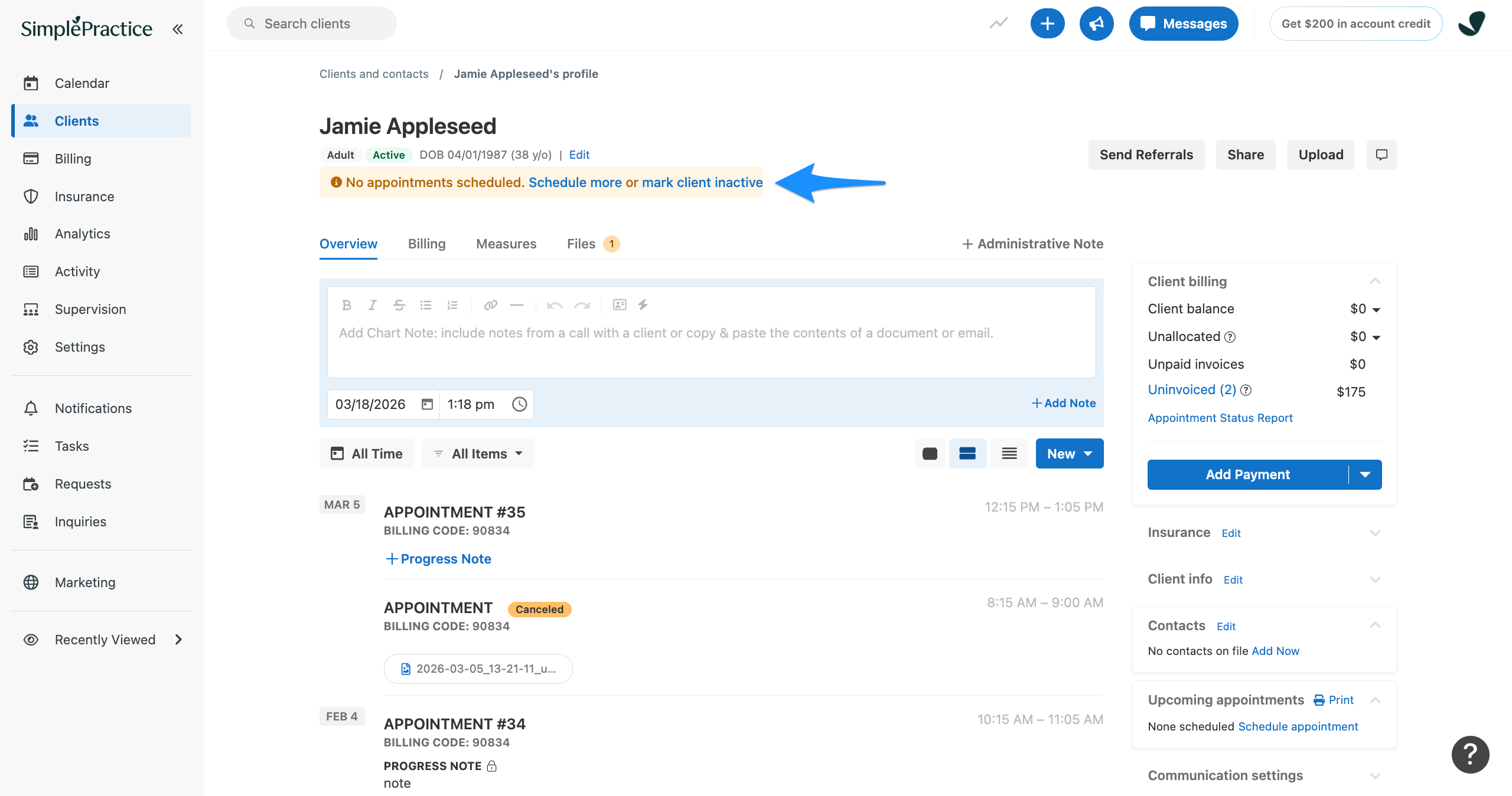 Client Overview page with a blue arrow pointing to the “No appointments scheduled. Schedule more or mark client inactive” banner.
