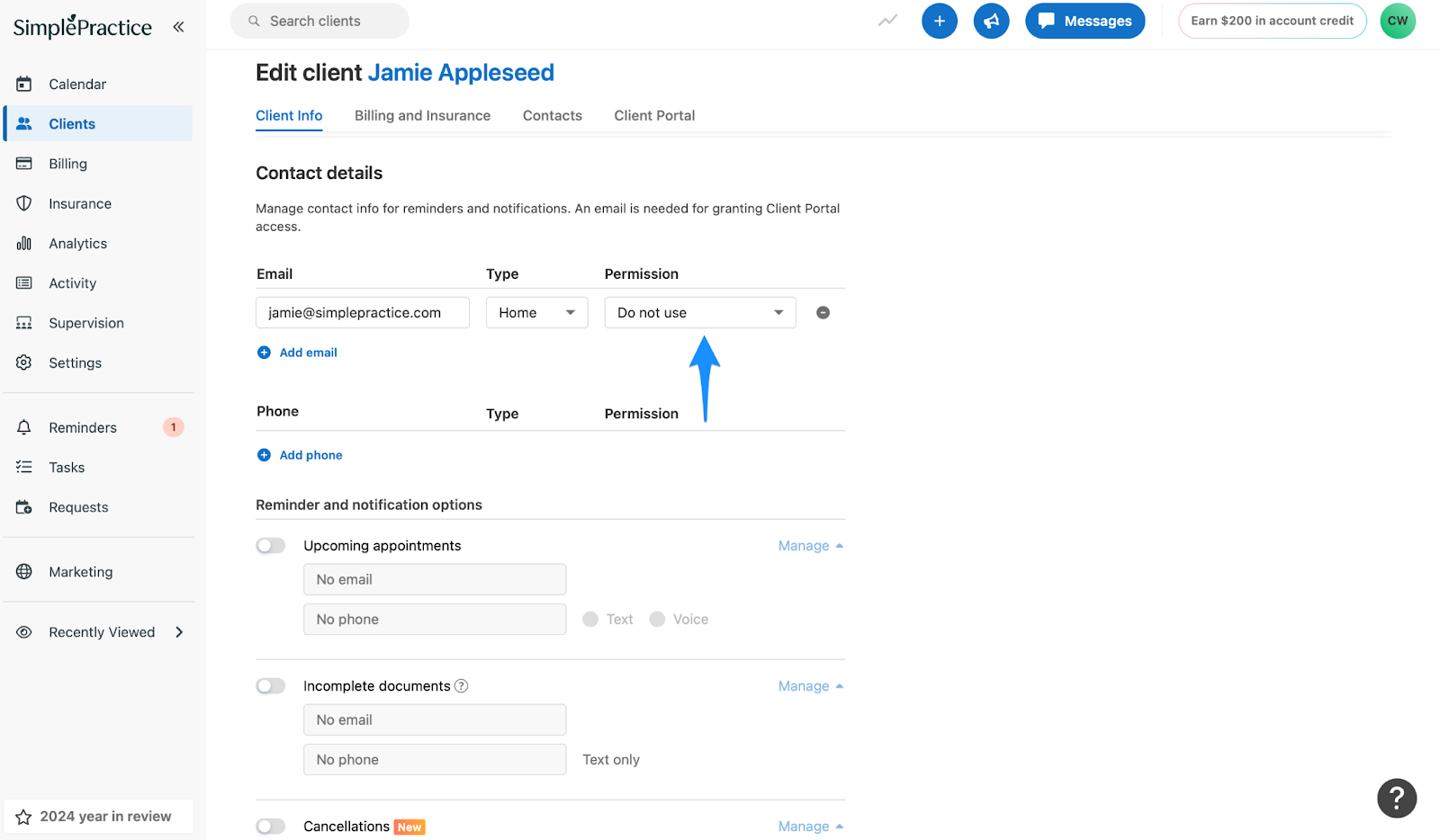 Do not use option under Permission in the client's Client info tab