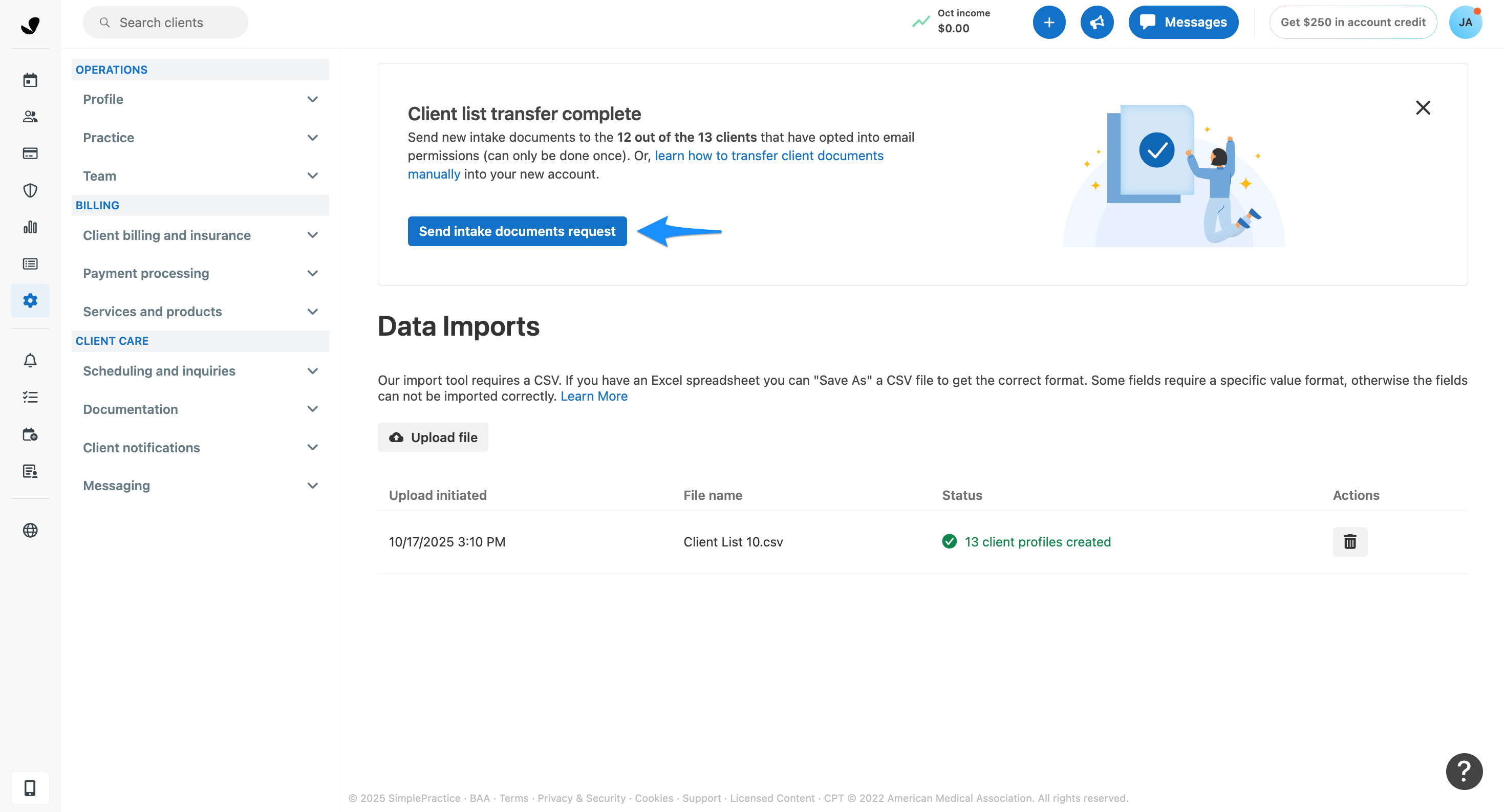 Send intake documents request button in Data Imports page