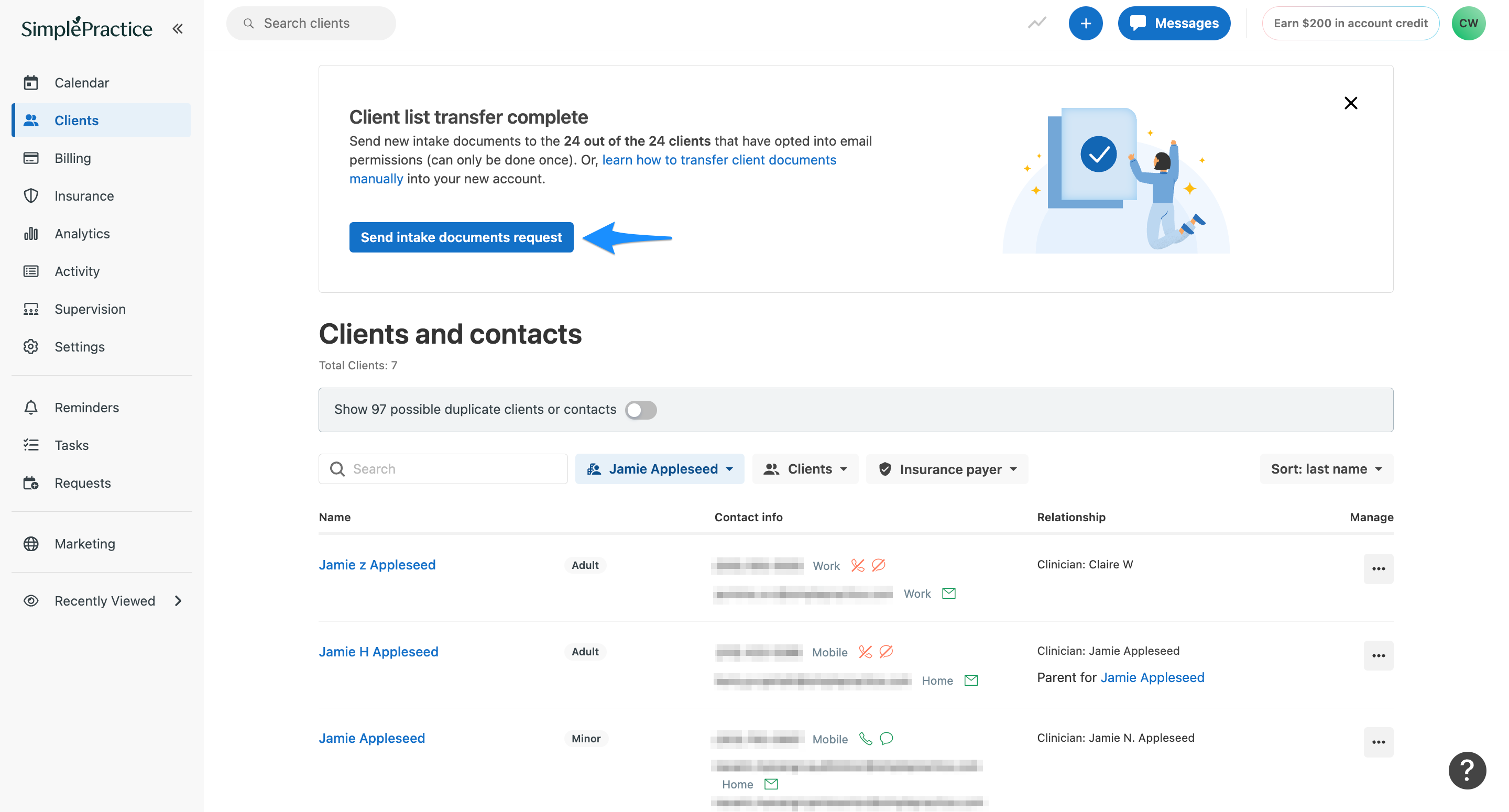 Send intake documents request button in Clients tab