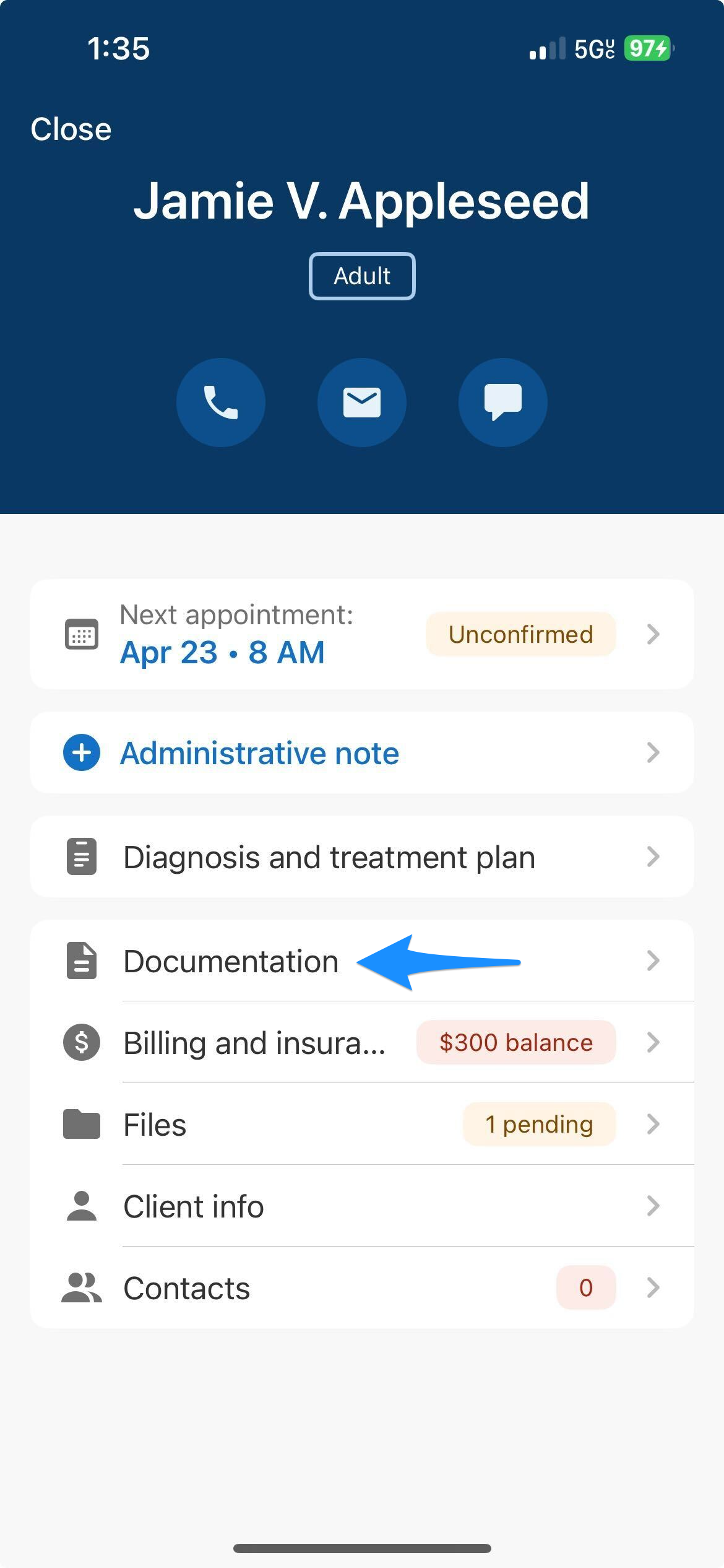 Overview screen on mobile with blue arrow pointing to Documentation option