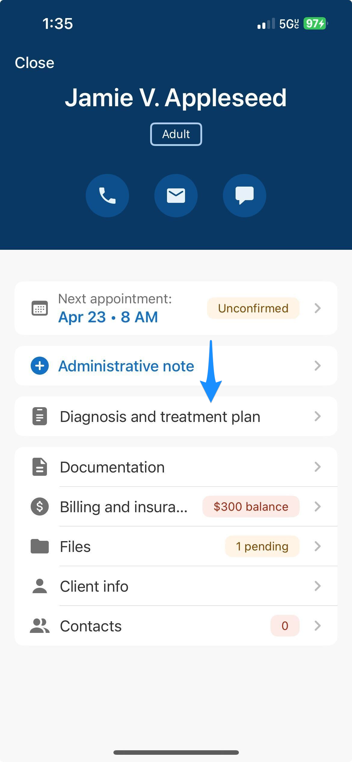 Overview screen on mobile with blue arrow pointing to Diagnosis and treatment plan option